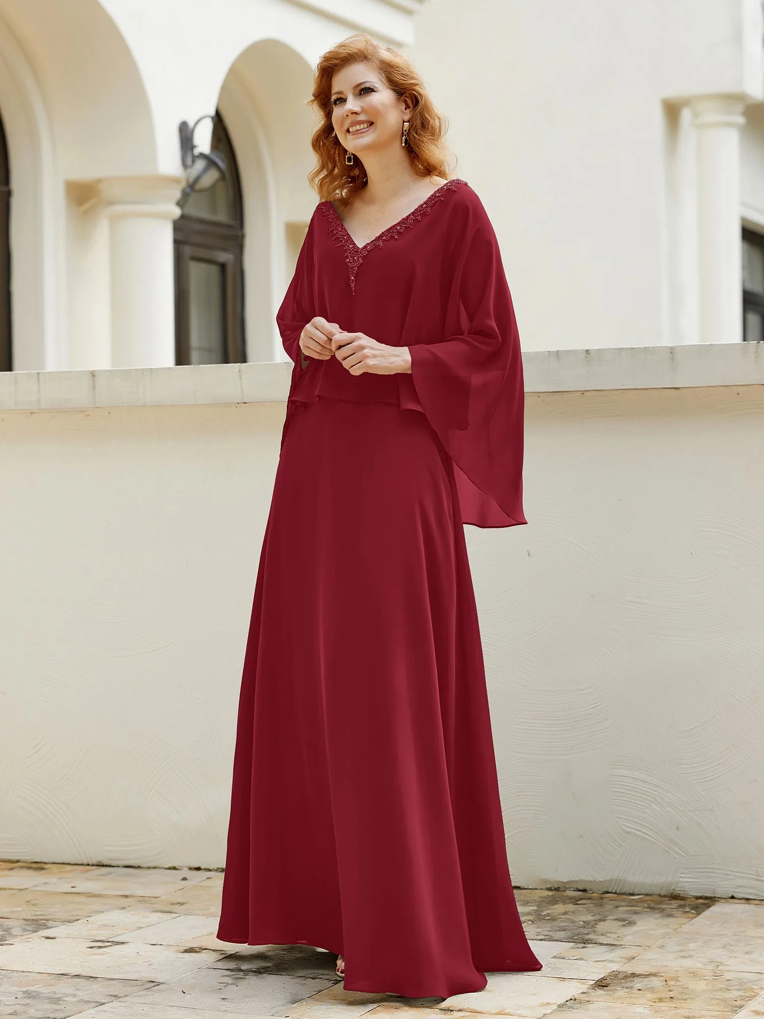 A-Line Flutter Cape Sleeves Dress with Beaded V-neck-Burgundy