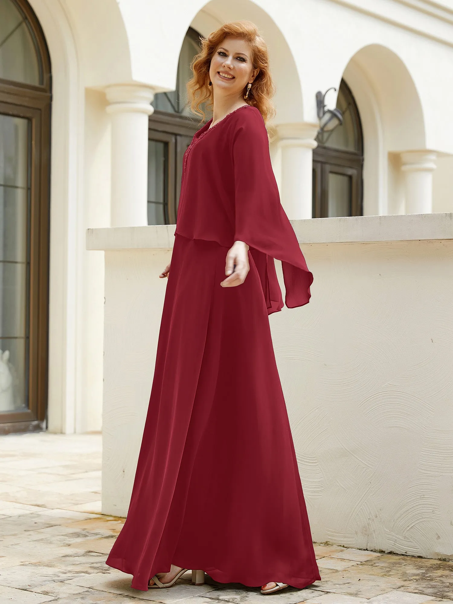 A-Line Flutter Cape Sleeves Dress with Beaded V-neck-Burgundy