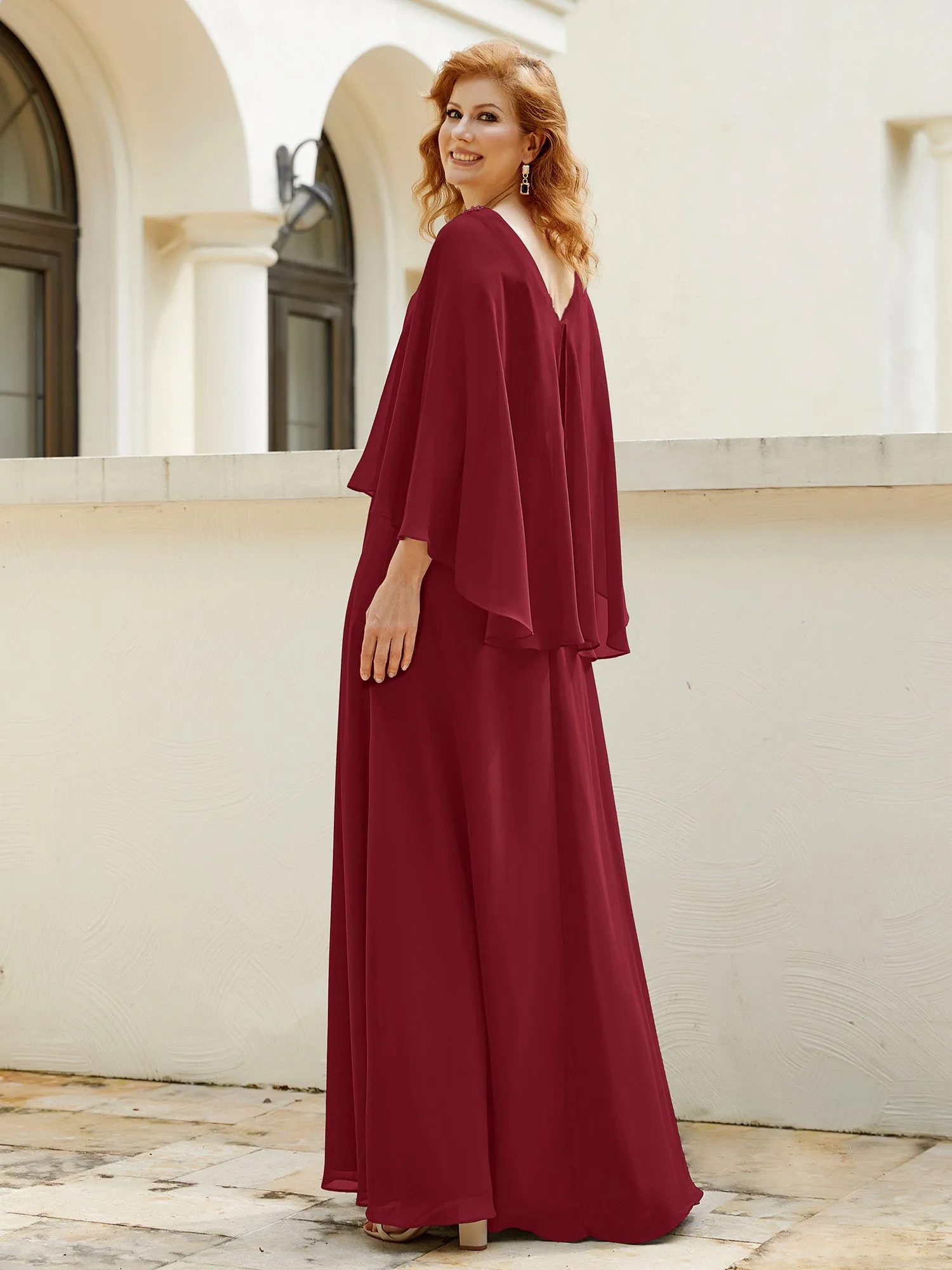 A-Line Flutter Cape Sleeves Dress with Beaded V-neck-Burgundy