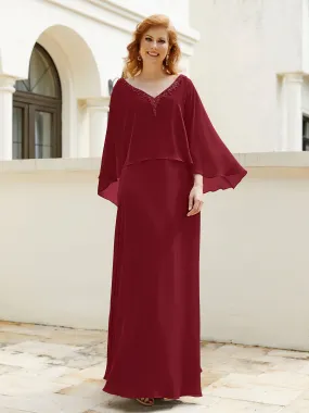 A-Line Flutter Cape Sleeves Dress with Beaded V-neck-Burgundy