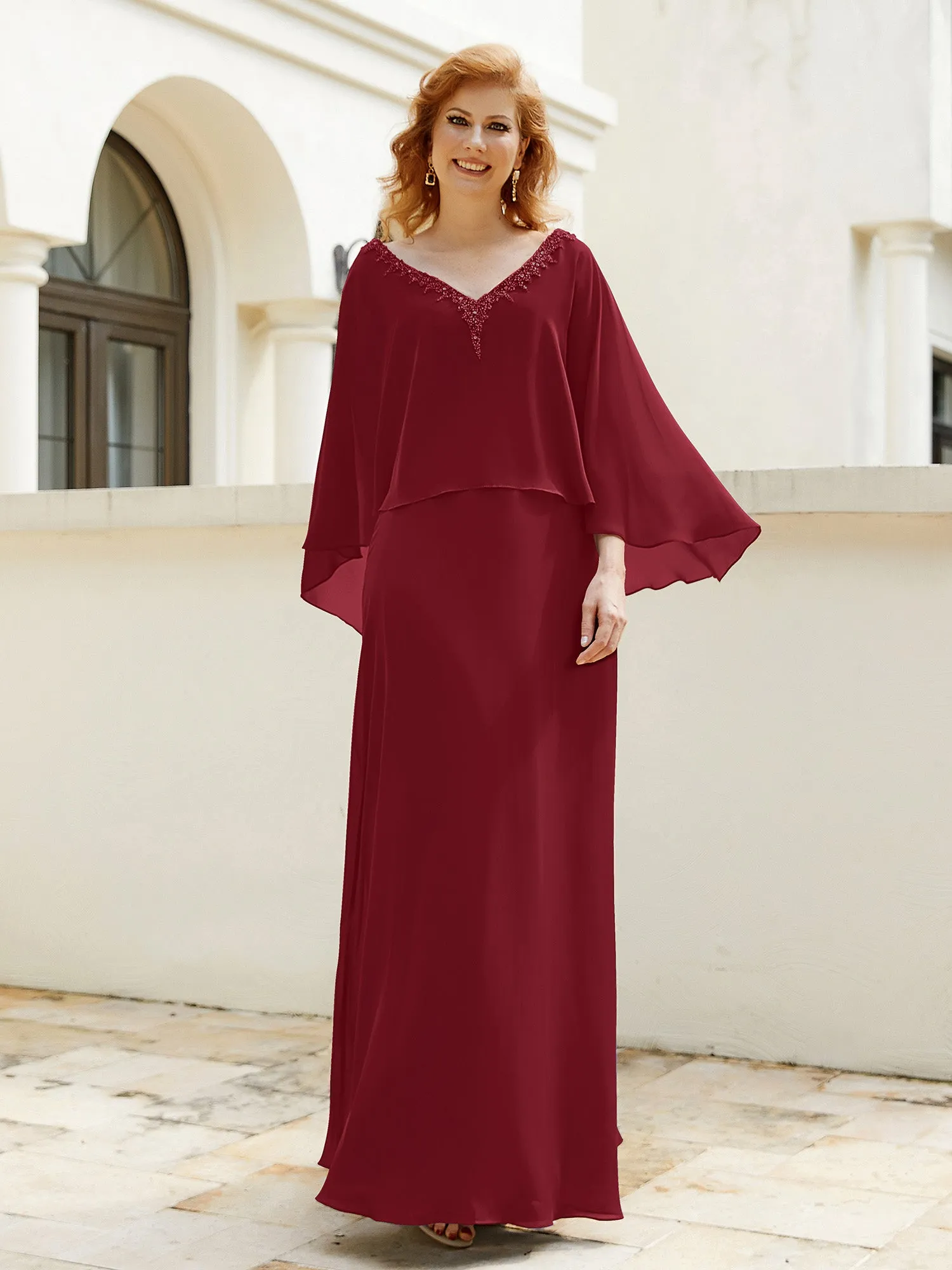 A-Line Flutter Cape Sleeves Dress with Beaded V-neck-Burgundy