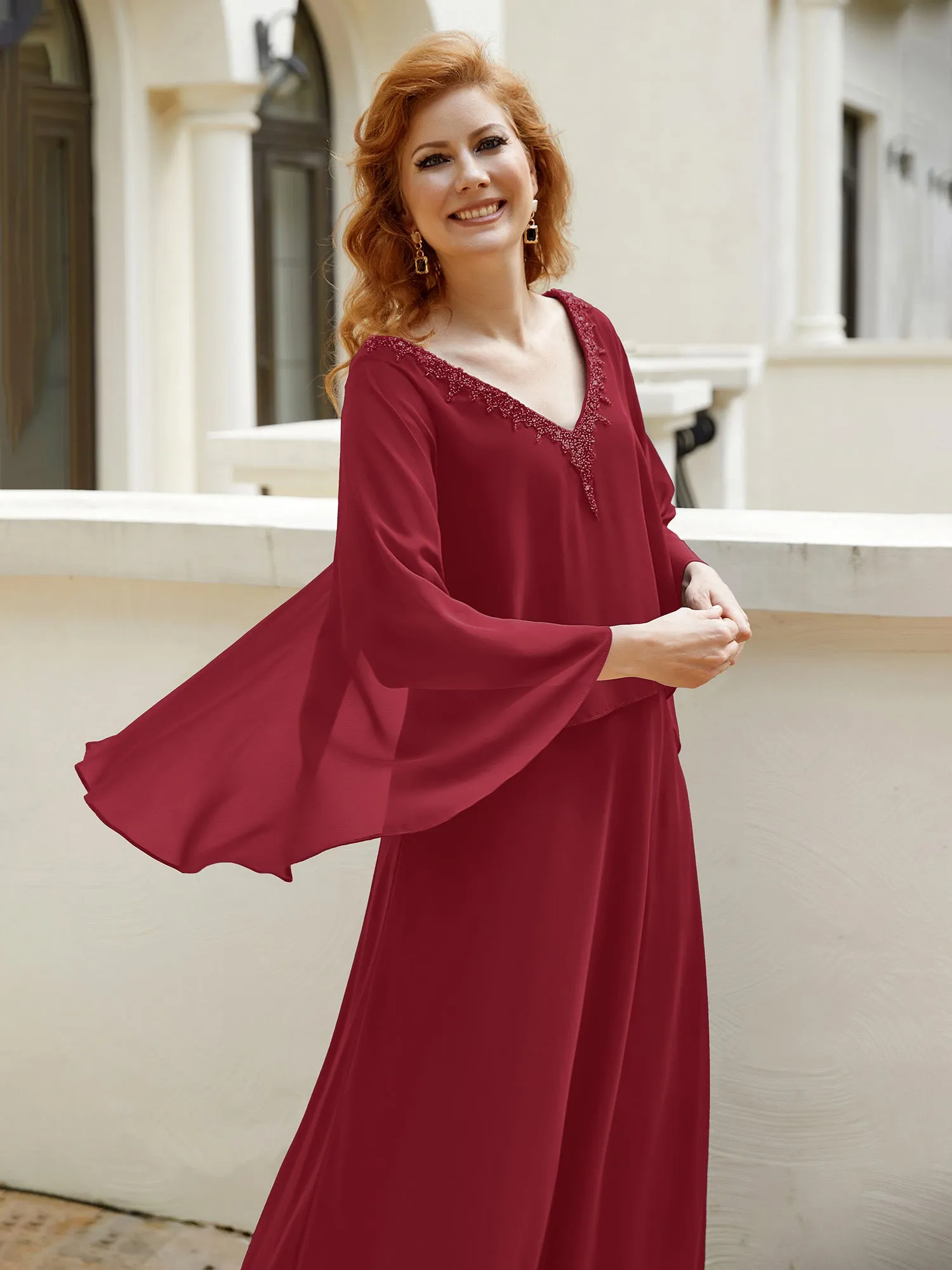 A-Line Flutter Cape Sleeves Dress with Beaded V-neck-Burgundy
