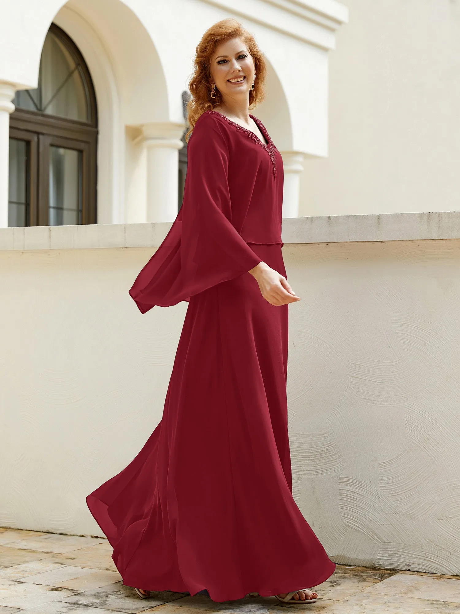 A-Line Flutter Cape Sleeves Dress with Beaded V-neck-Burgundy