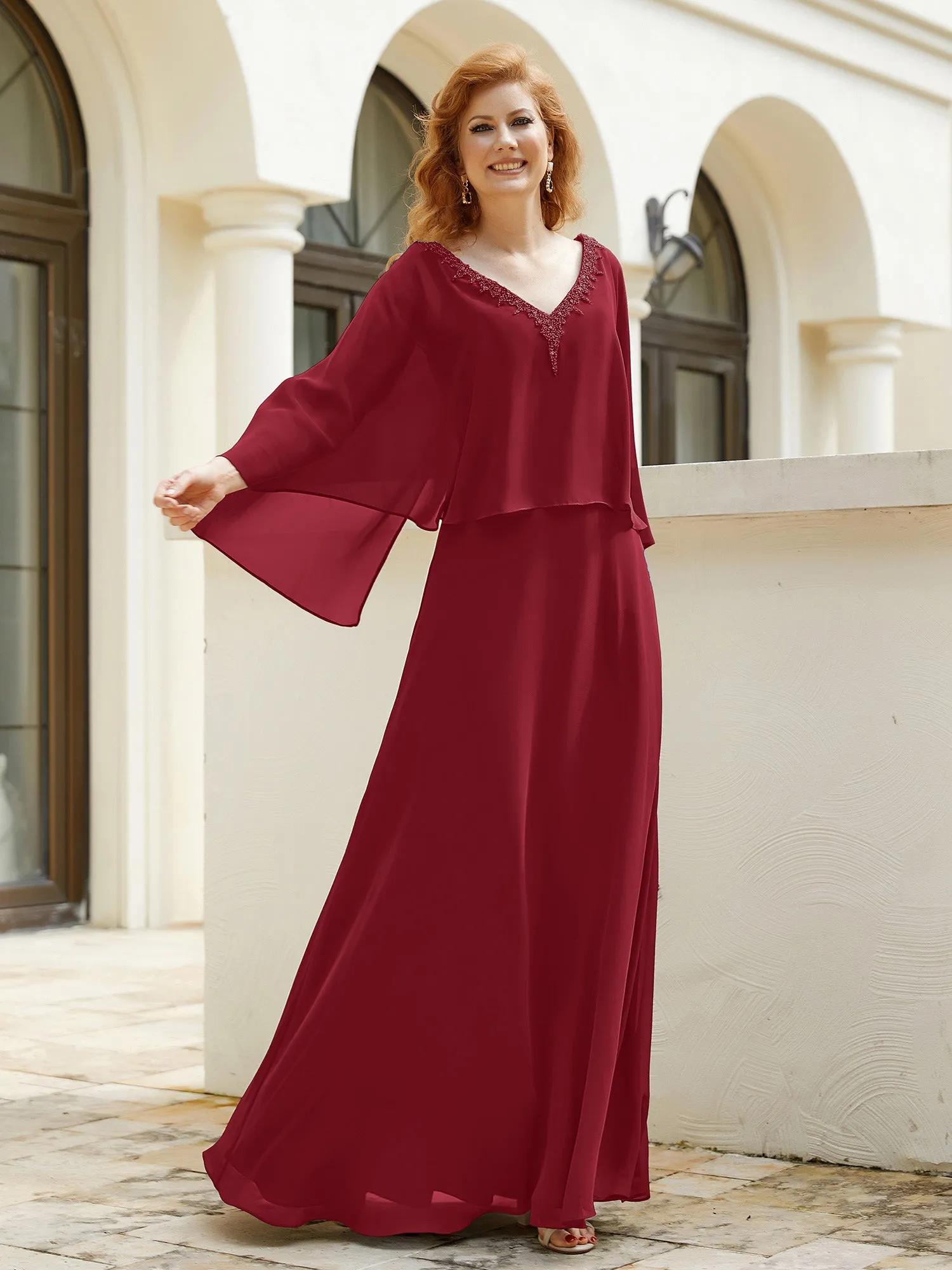A-Line Flutter Cape Sleeves Dress with Beaded V-neck-Burgundy