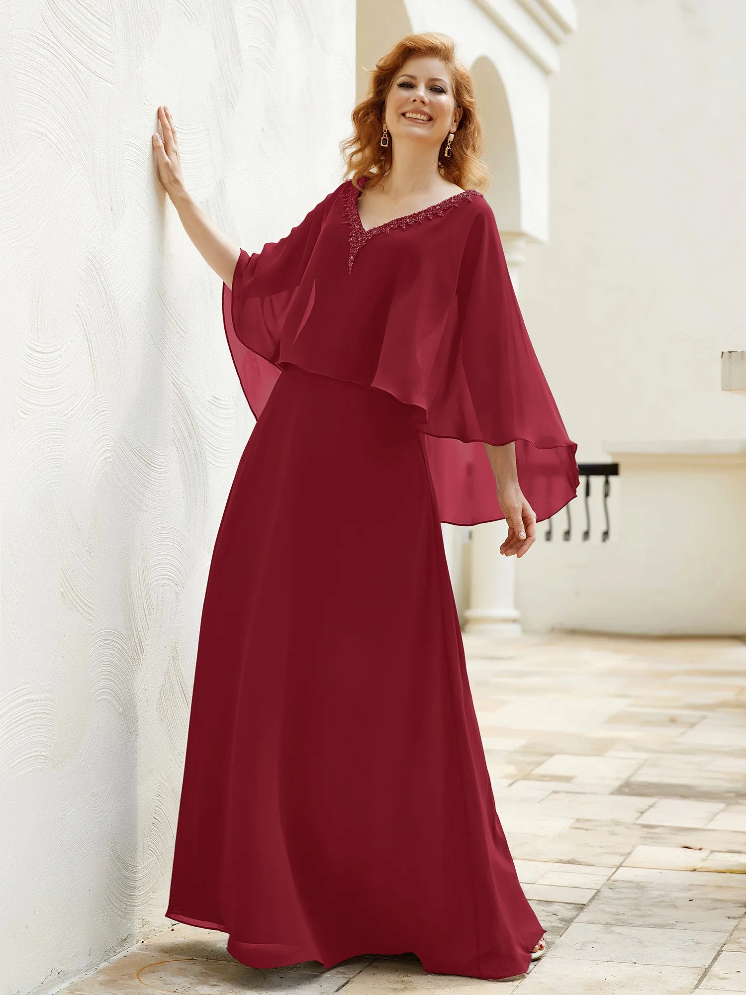 A-Line Flutter Cape Sleeves Dress with Beaded V-neck-Burgundy