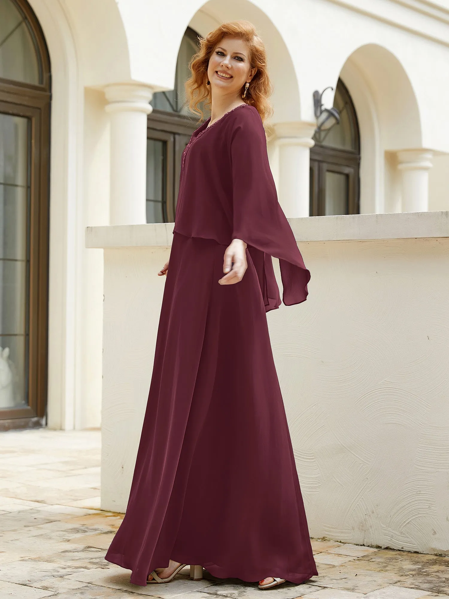 A-Line Flutter Cape Sleeves Dress with Beaded V-neck-Cabernet