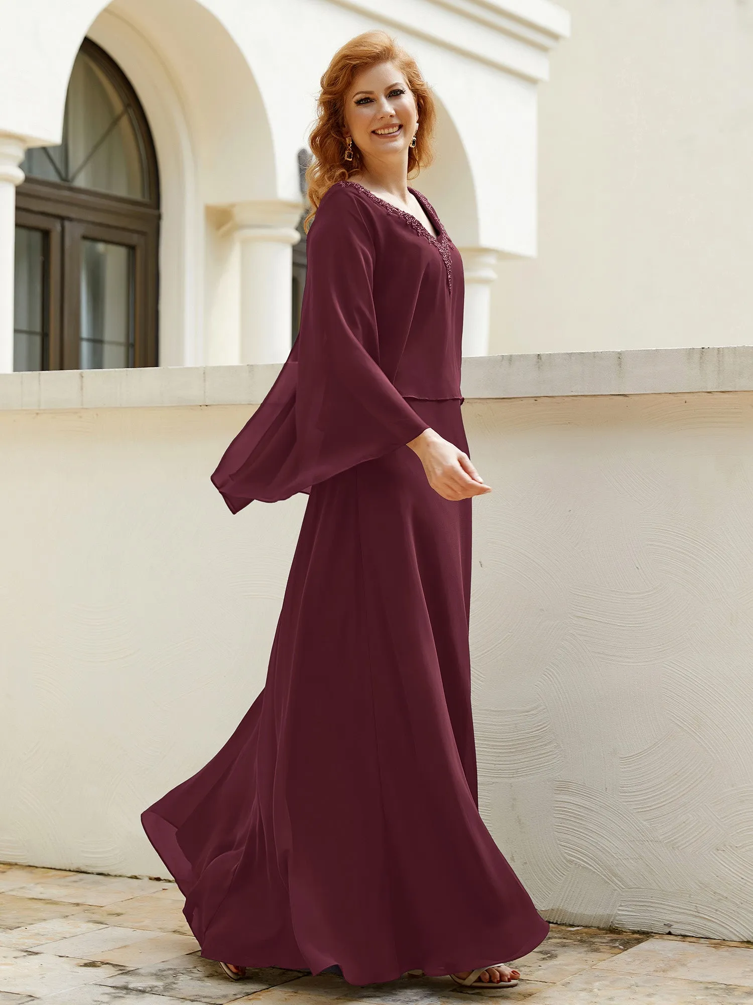 A-Line Flutter Cape Sleeves Dress with Beaded V-neck-Cabernet