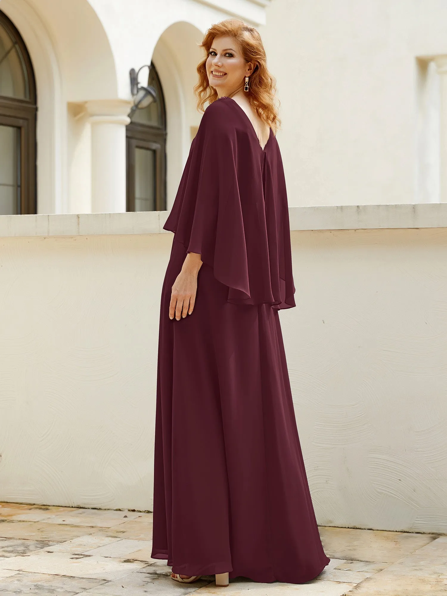 A-Line Flutter Cape Sleeves Dress with Beaded V-neck-Cabernet