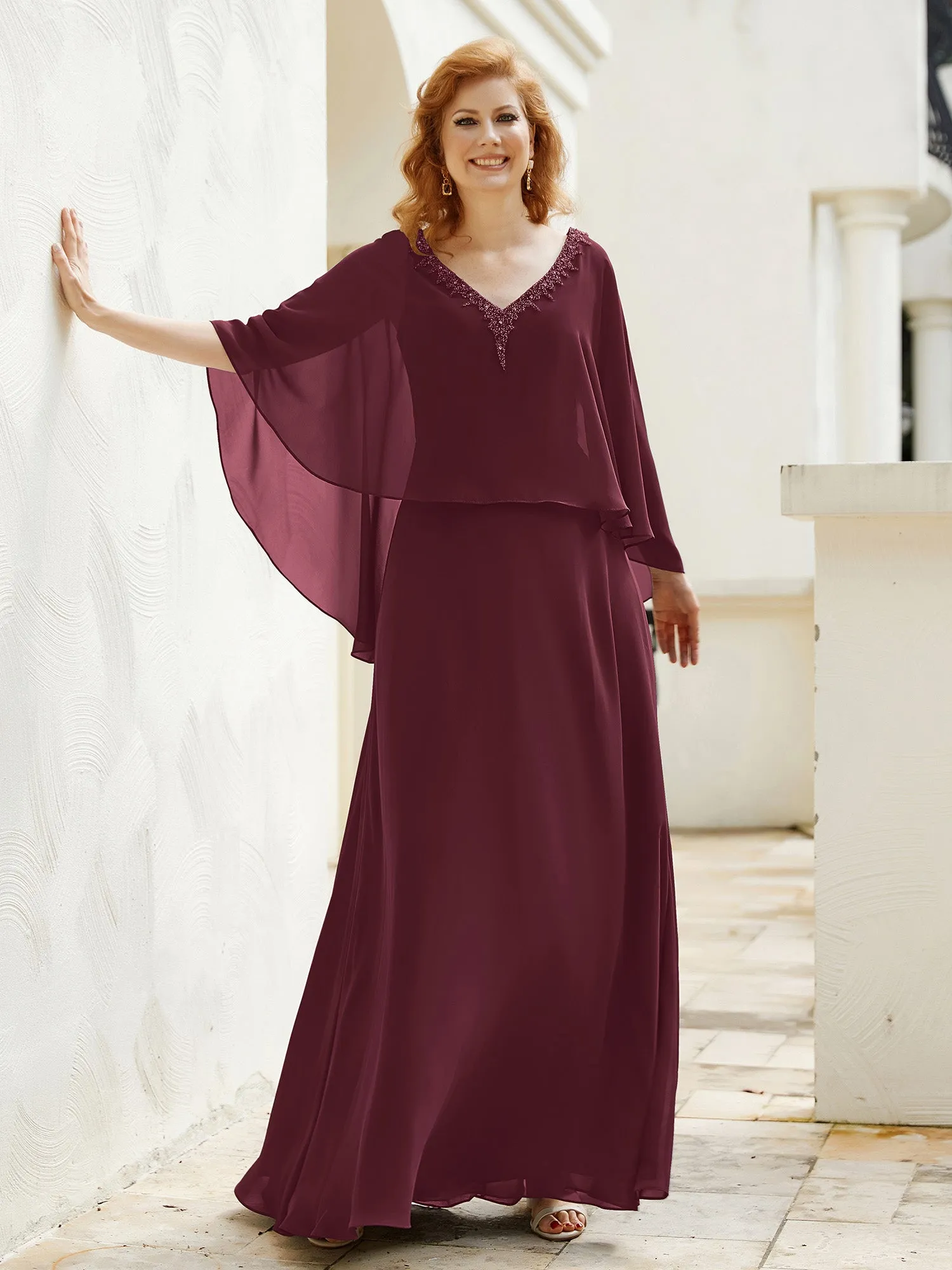 A-Line Flutter Cape Sleeves Dress with Beaded V-neck-Cabernet
