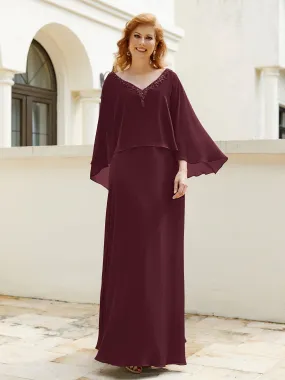 A-Line Flutter Cape Sleeves Dress with Beaded V-neck-Cabernet