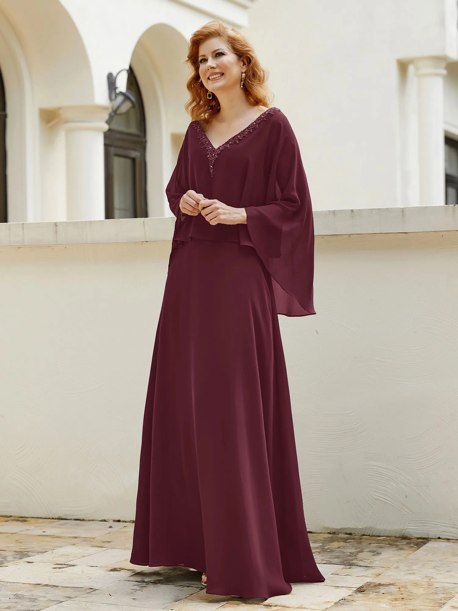 A-Line Flutter Cape Sleeves Dress with Beaded V-neck-Cabernet