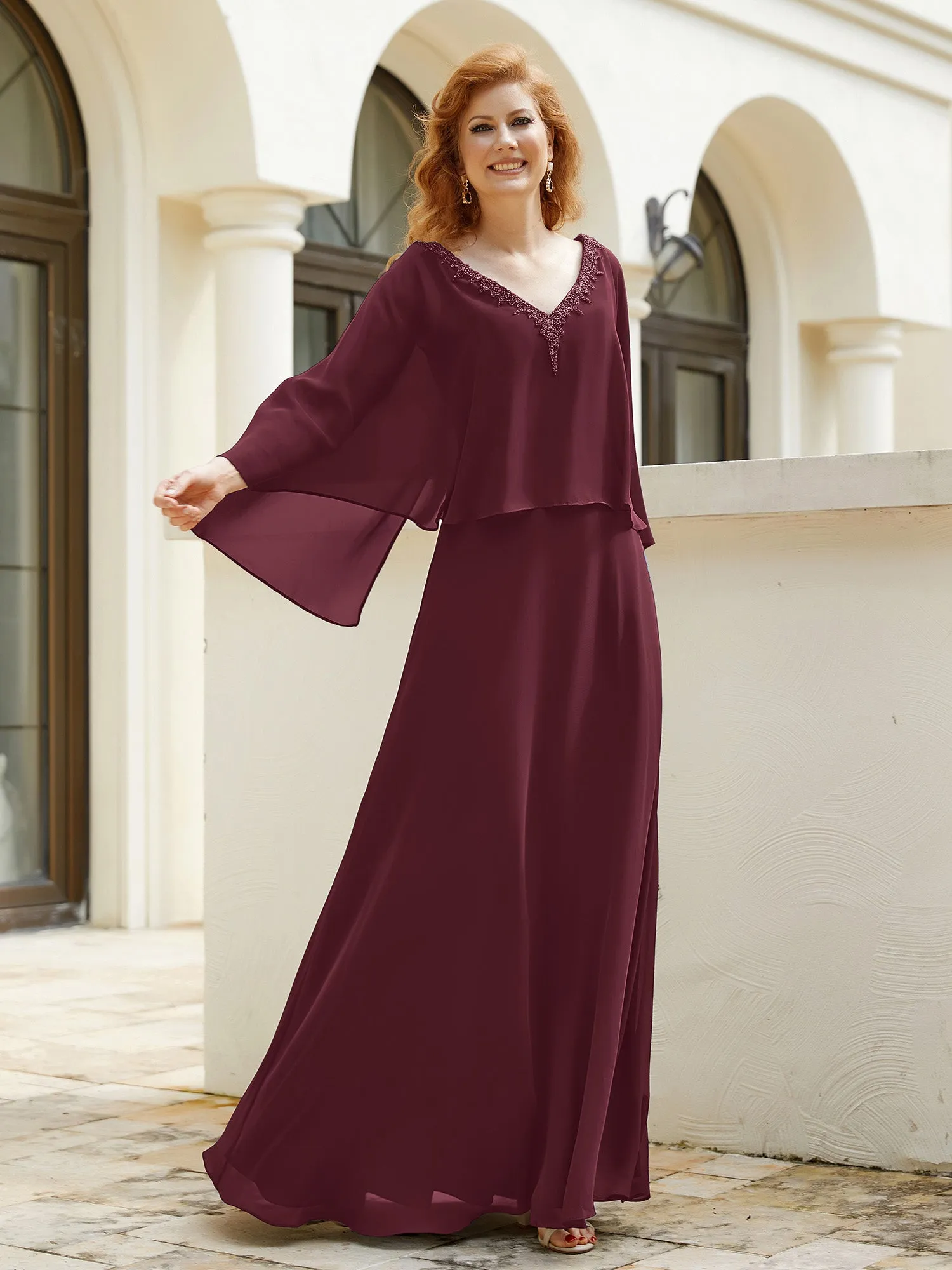A-Line Flutter Cape Sleeves Dress with Beaded V-neck-Cabernet