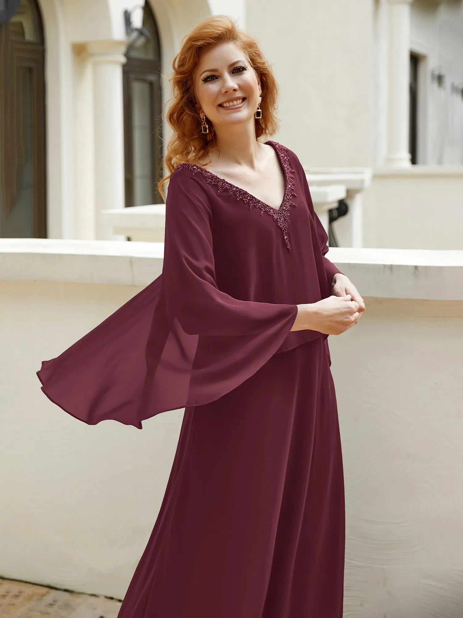 A-Line Flutter Cape Sleeves Dress with Beaded V-neck-Cabernet