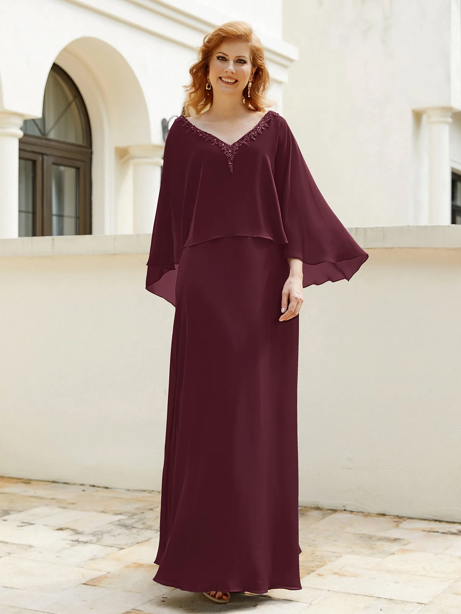 A-Line Flutter Cape Sleeves Dress with Beaded V-neck-Cabernet