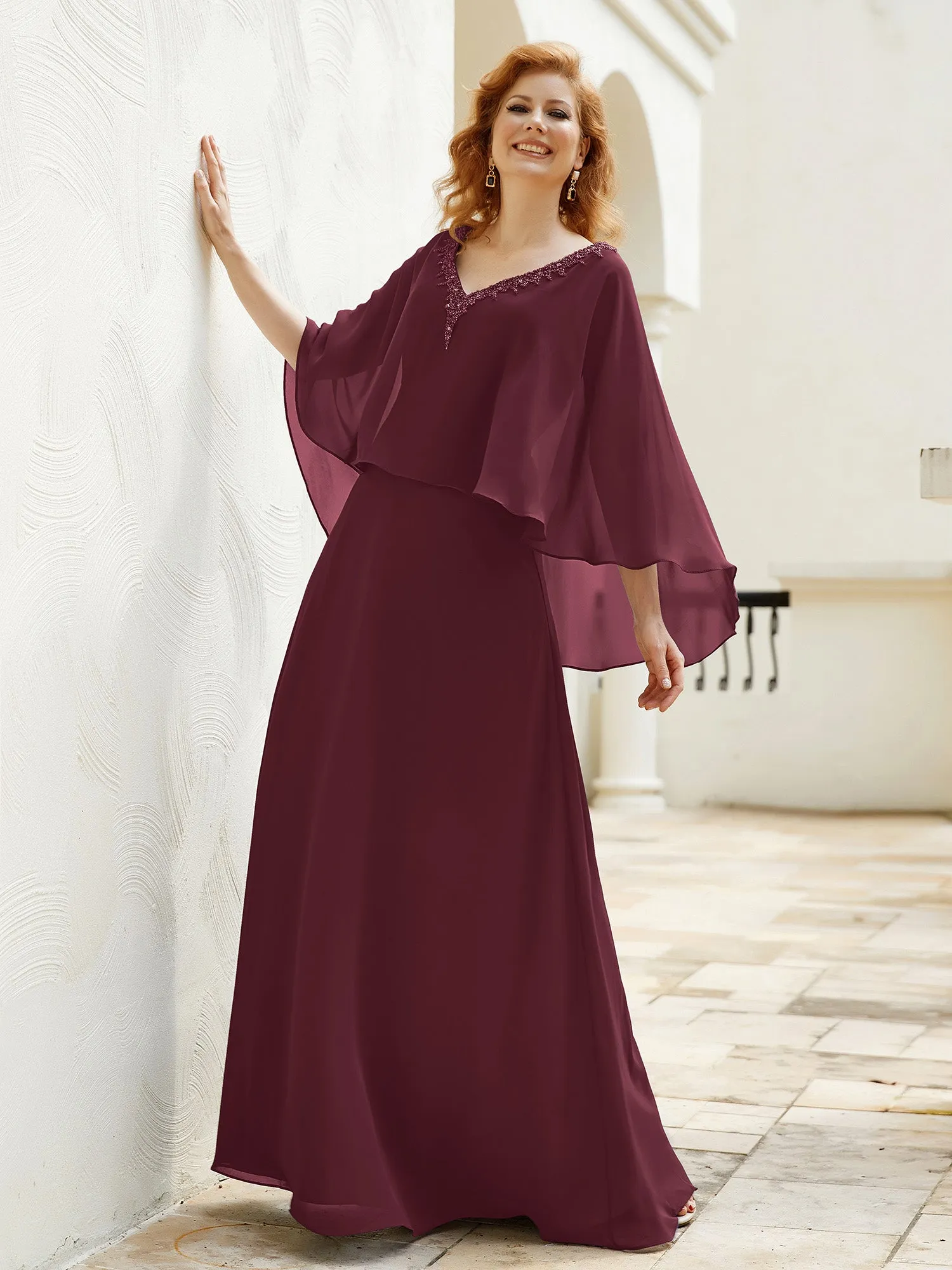 A-Line Flutter Cape Sleeves Dress with Beaded V-neck-Cabernet
