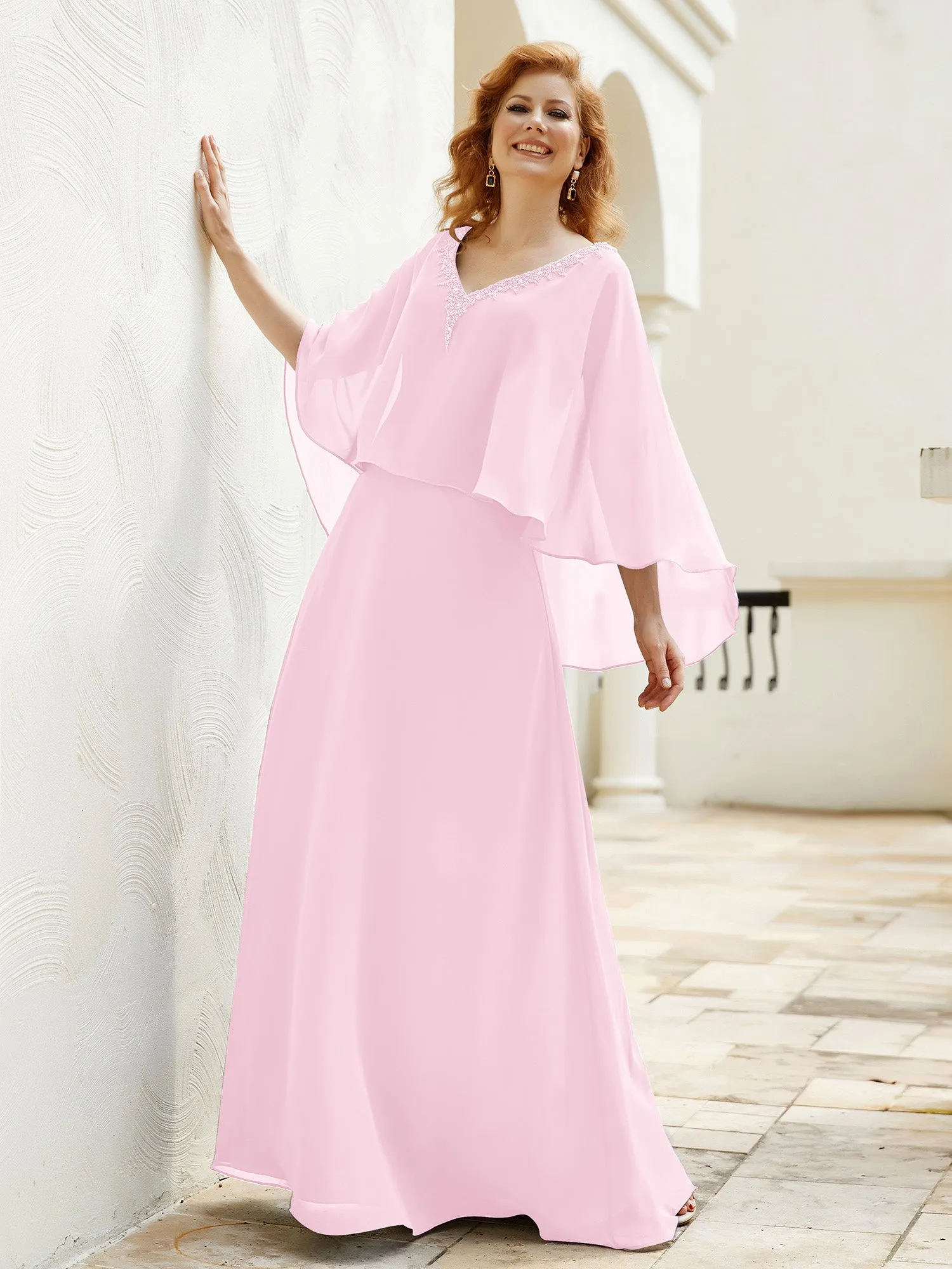A-Line Flutter Cape Sleeves Dress with Beaded V-neck-Candy Pink