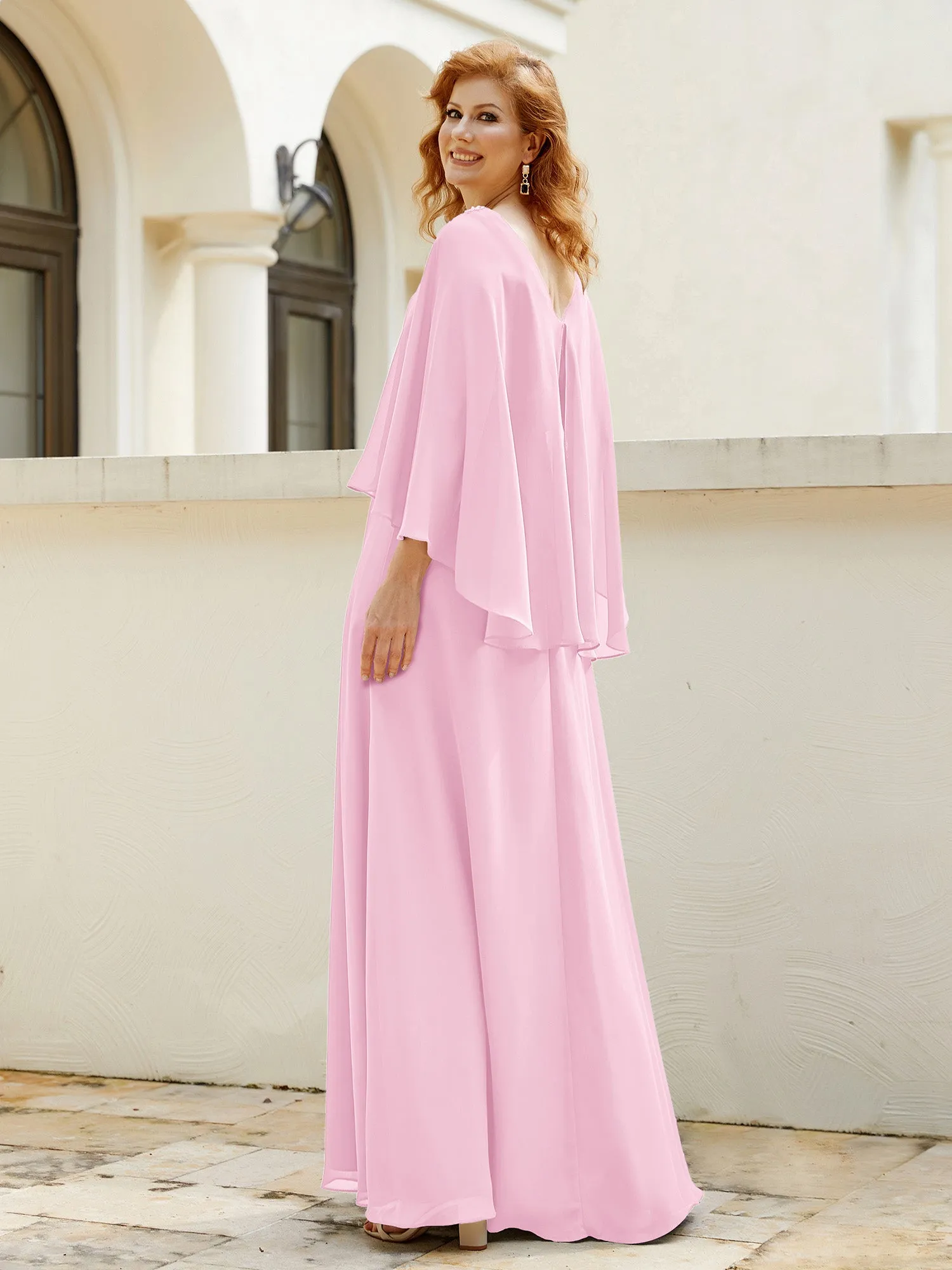 A-Line Flutter Cape Sleeves Dress with Beaded V-neck-Candy Pink