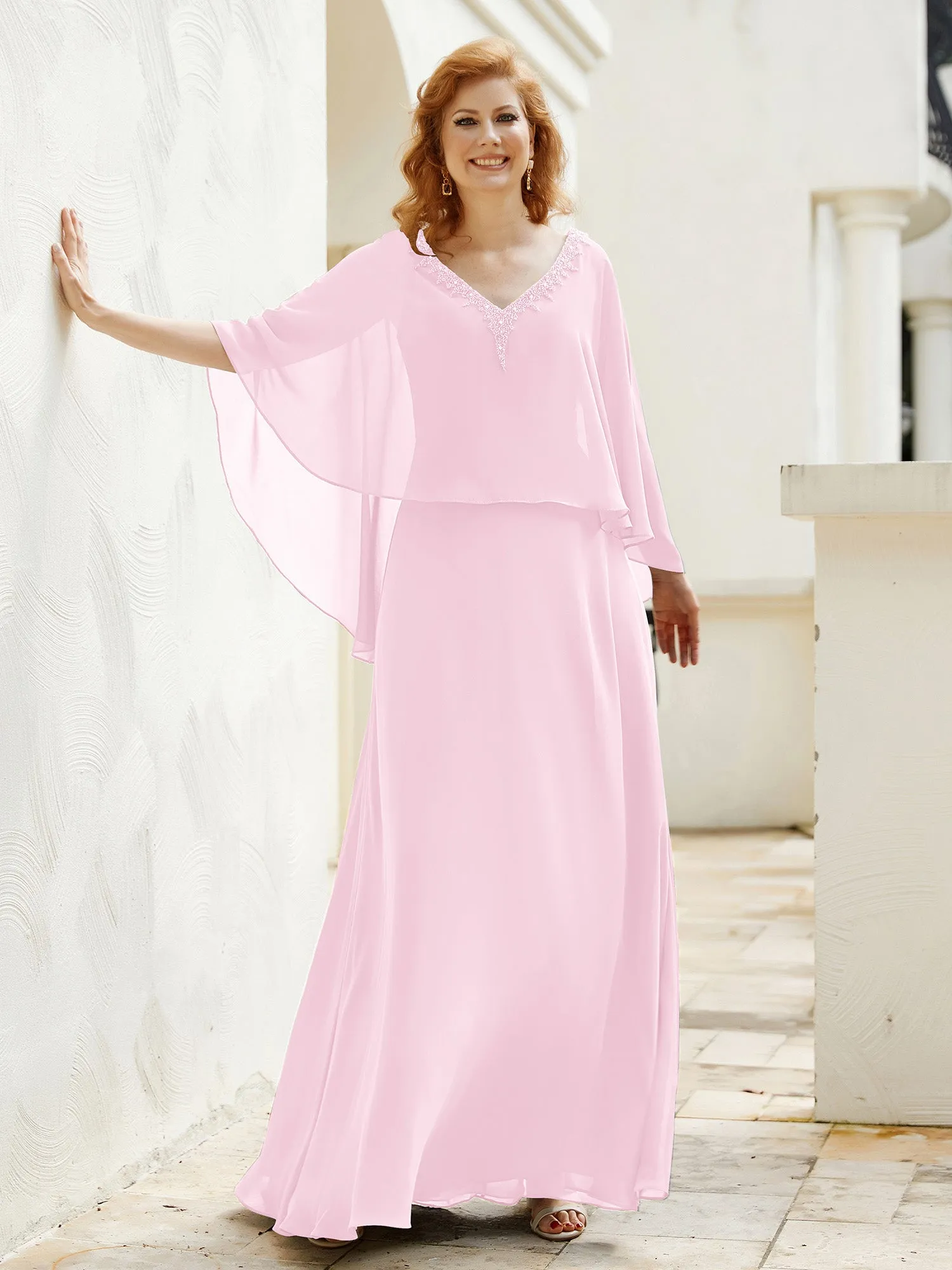 A-Line Flutter Cape Sleeves Dress with Beaded V-neck-Candy Pink