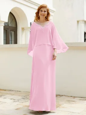 A-Line Flutter Cape Sleeves Dress with Beaded V-neck-Candy Pink