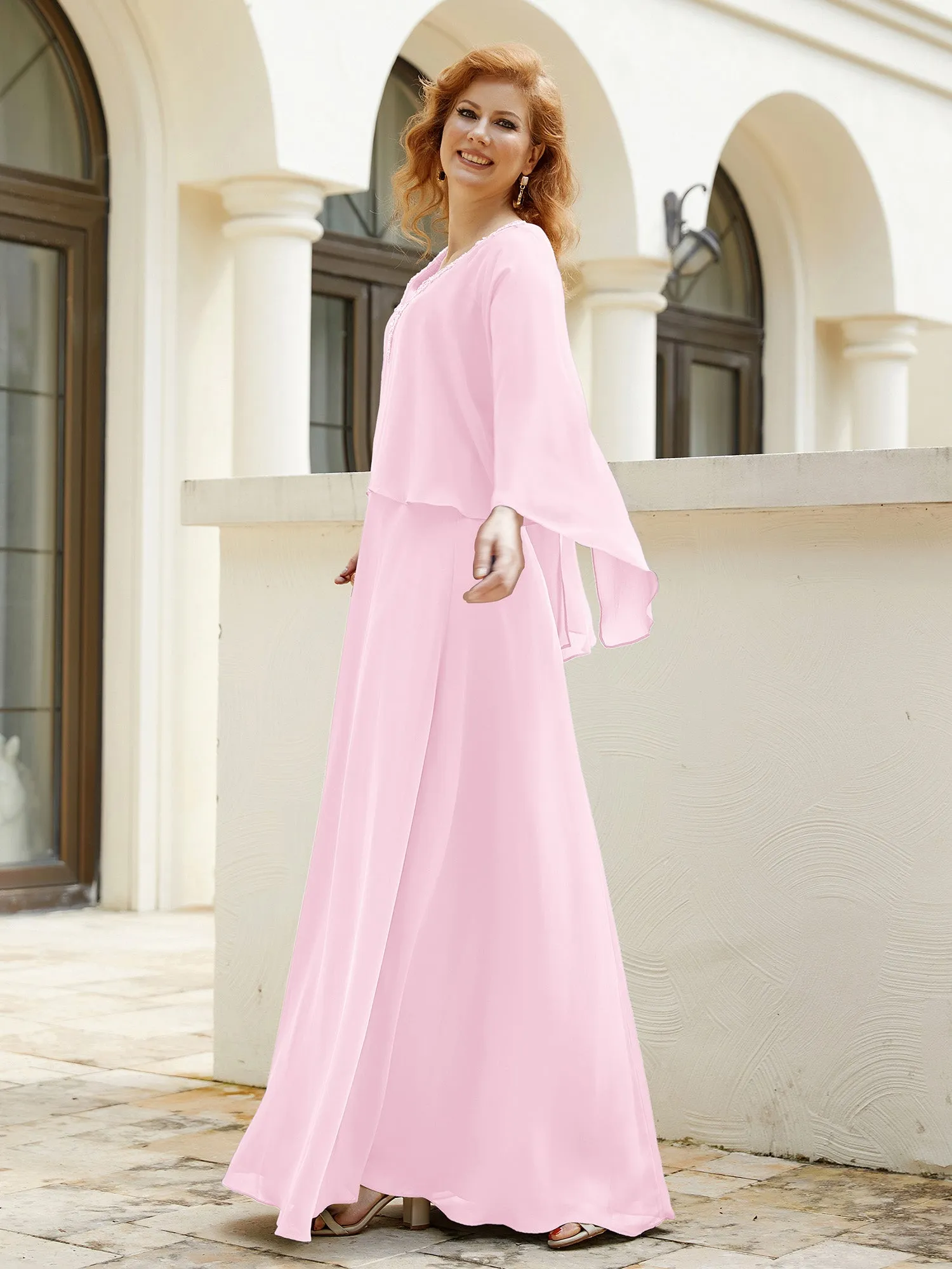 A-Line Flutter Cape Sleeves Dress with Beaded V-neck-Candy Pink