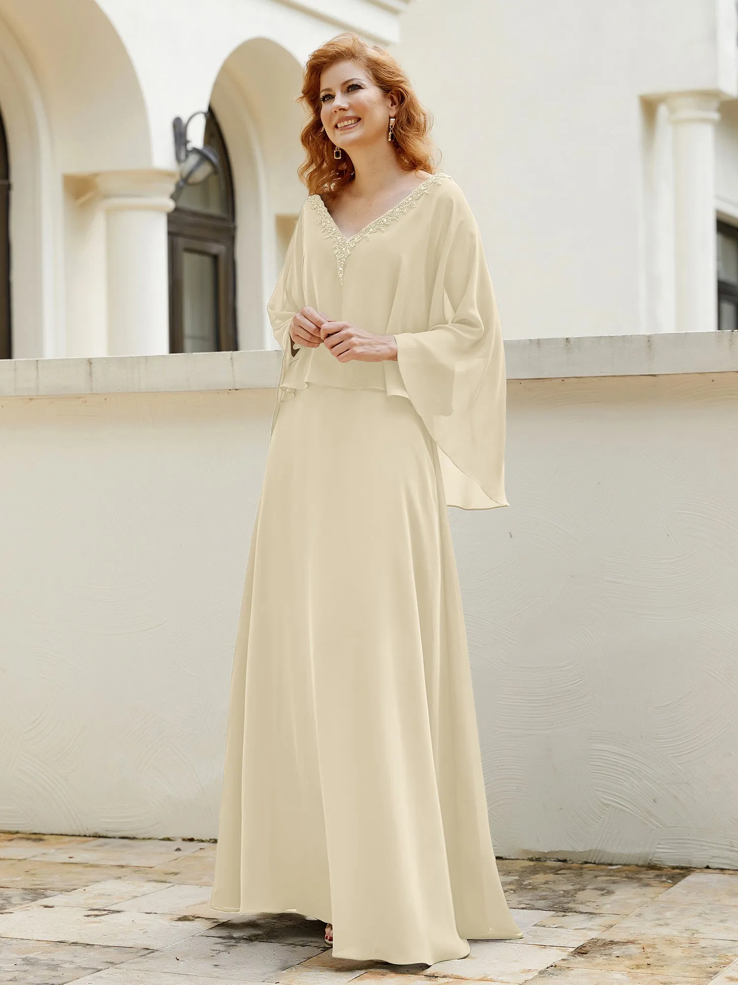A-Line Flutter Cape Sleeves Dress with Beaded V-neck-Champagne