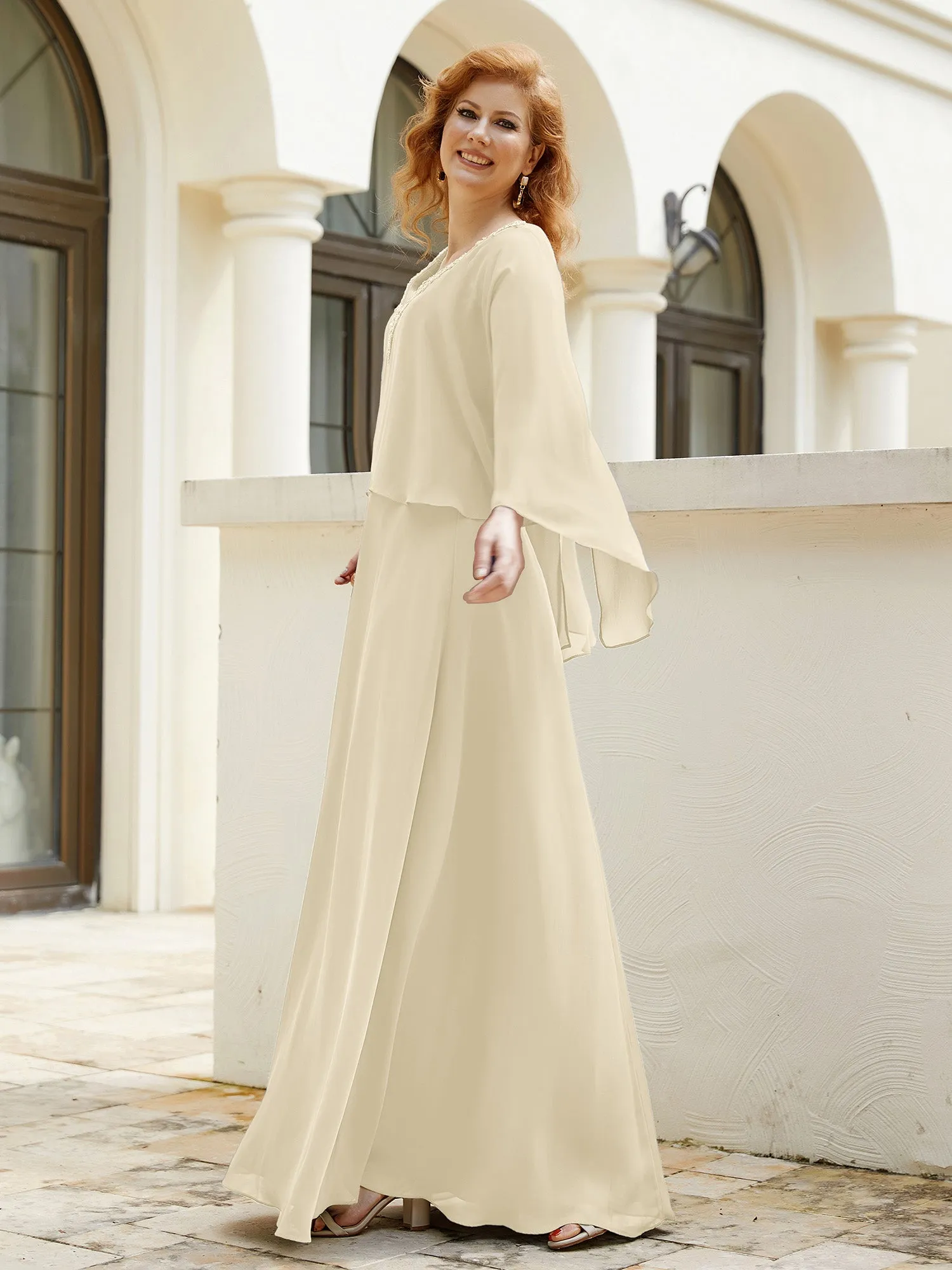 A-Line Flutter Cape Sleeves Dress with Beaded V-neck-Champagne