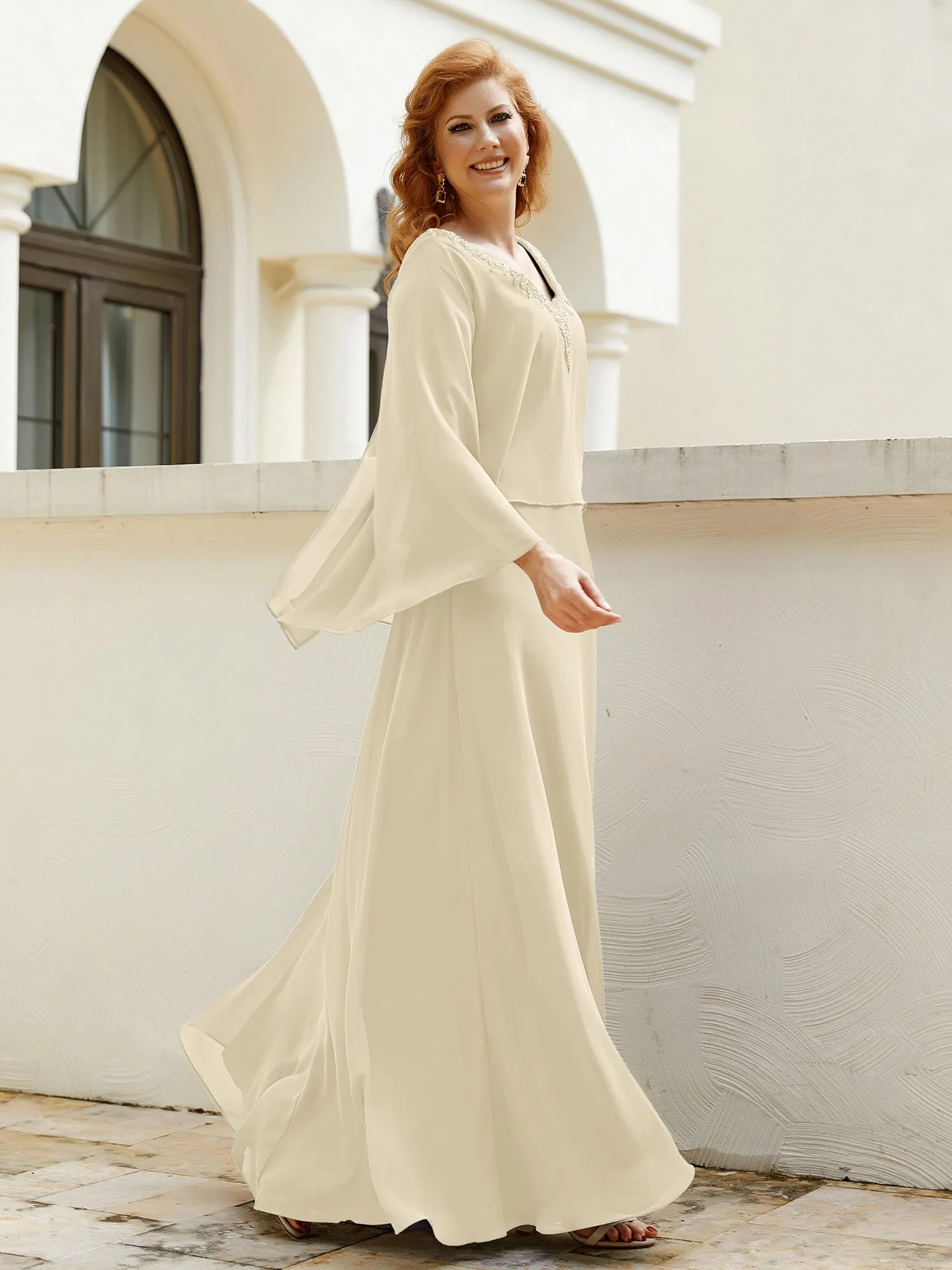 A-Line Flutter Cape Sleeves Dress with Beaded V-neck-Champagne