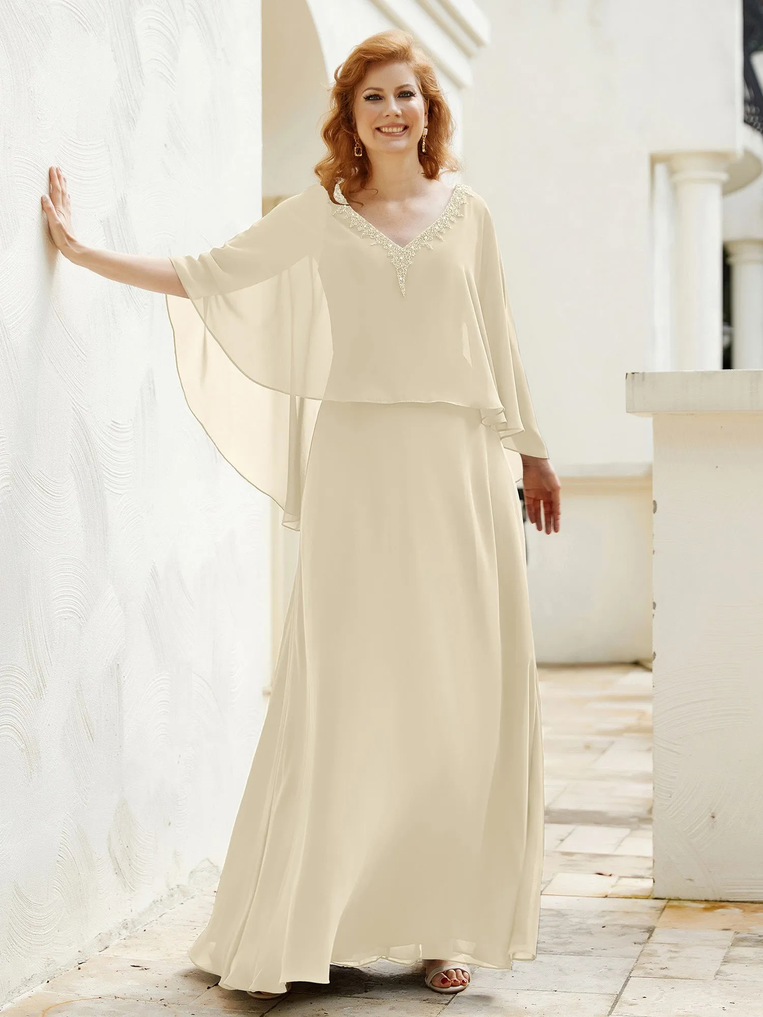 A-Line Flutter Cape Sleeves Dress with Beaded V-neck-Champagne