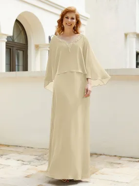 A-Line Flutter Cape Sleeves Dress with Beaded V-neck-Champagne