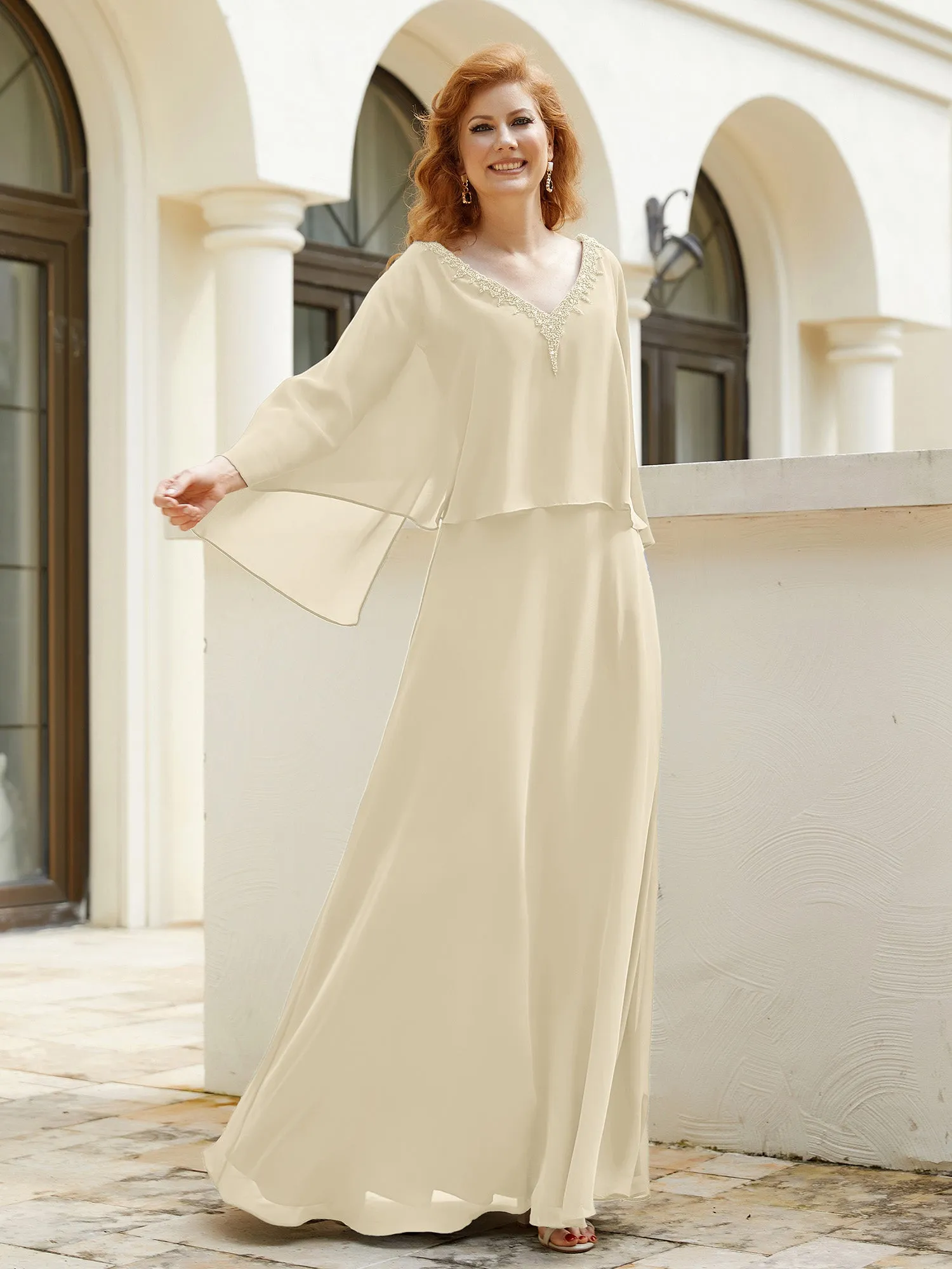 A-Line Flutter Cape Sleeves Dress with Beaded V-neck-Champagne