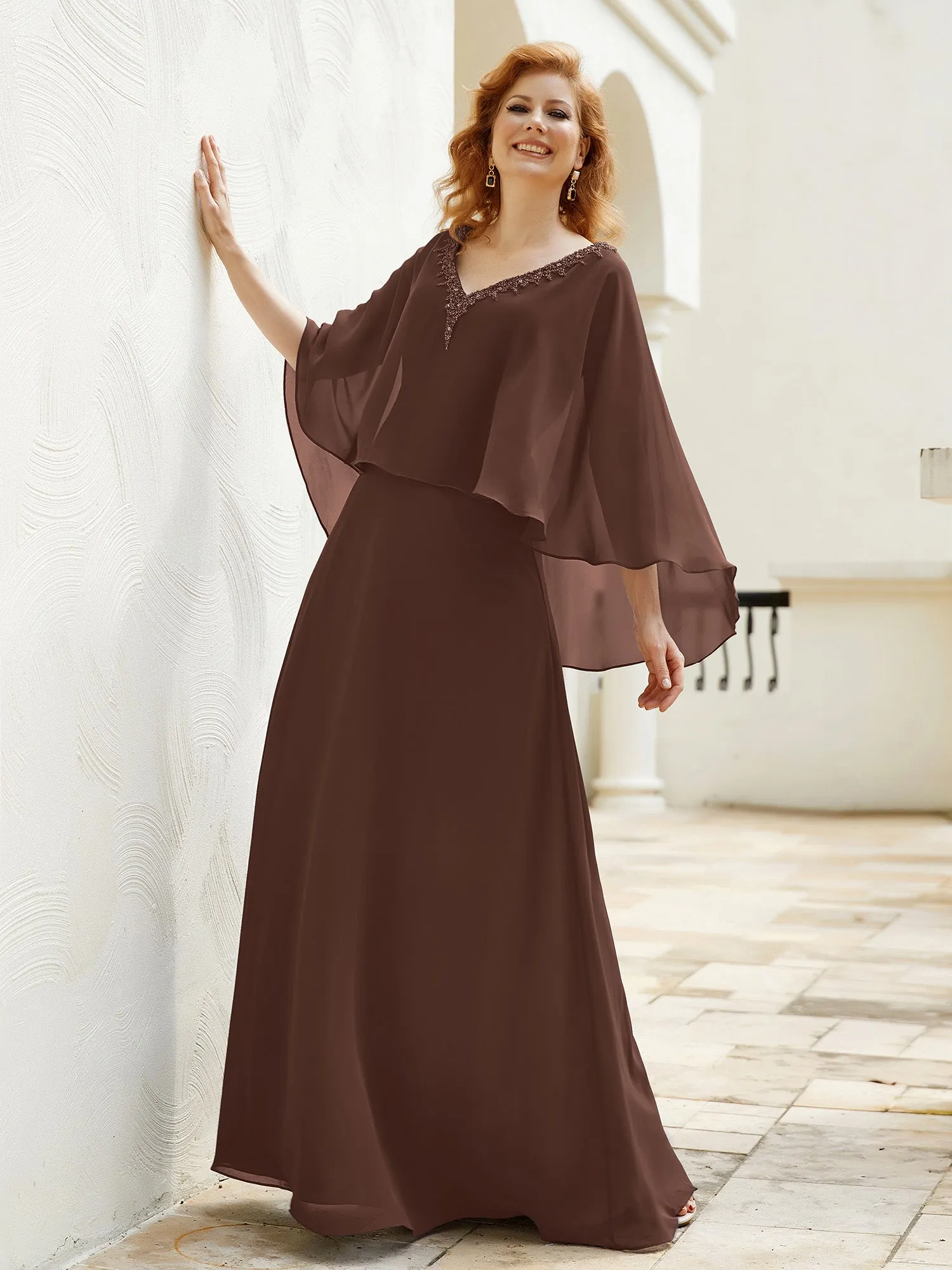 A-Line Flutter Cape Sleeves Dress with Beaded V-neck-Chocolate