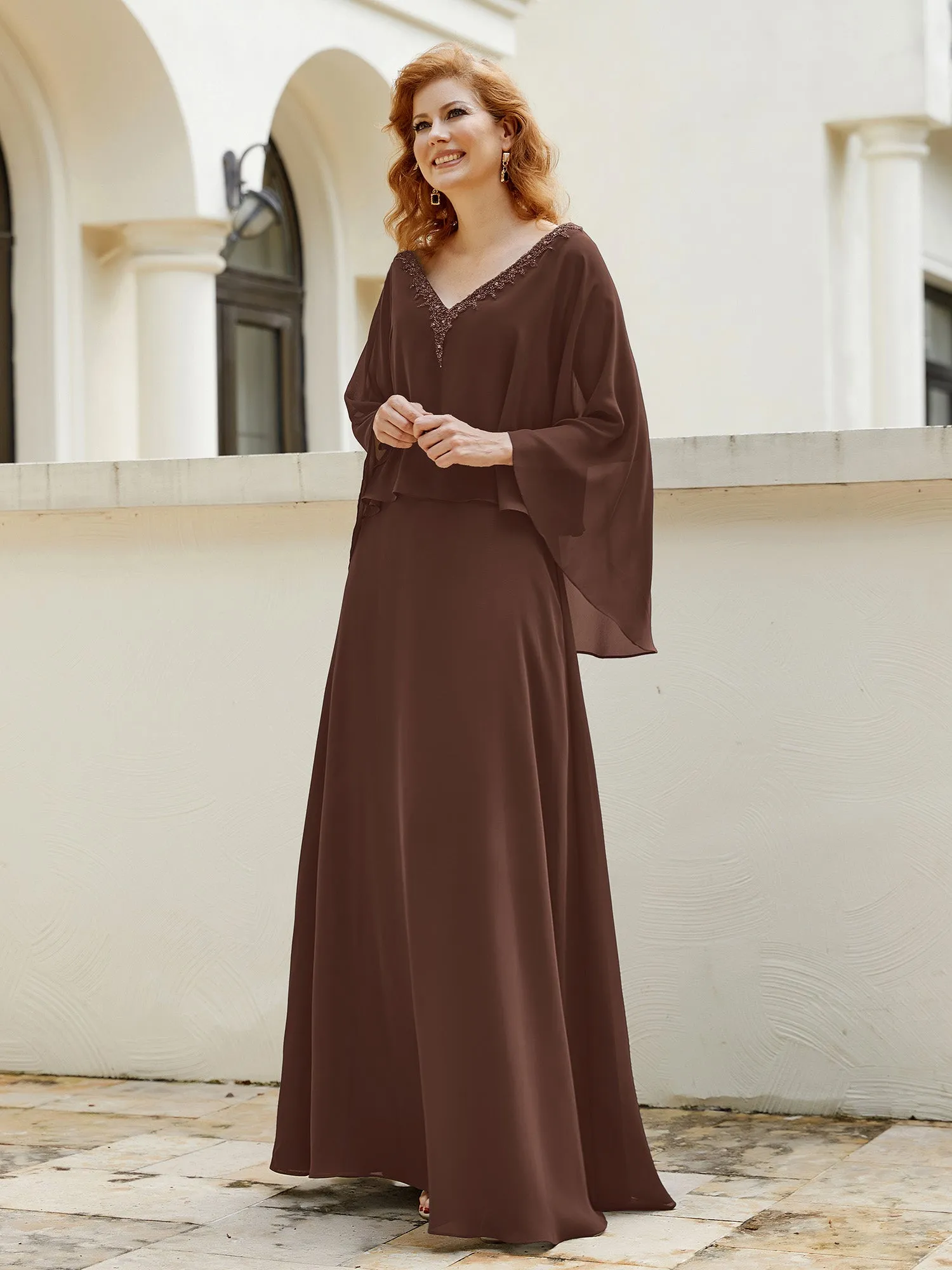 A-Line Flutter Cape Sleeves Dress with Beaded V-neck-Chocolate