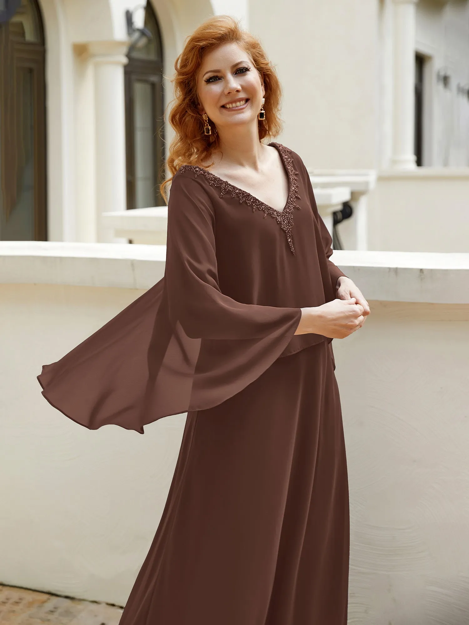 A-Line Flutter Cape Sleeves Dress with Beaded V-neck-Chocolate