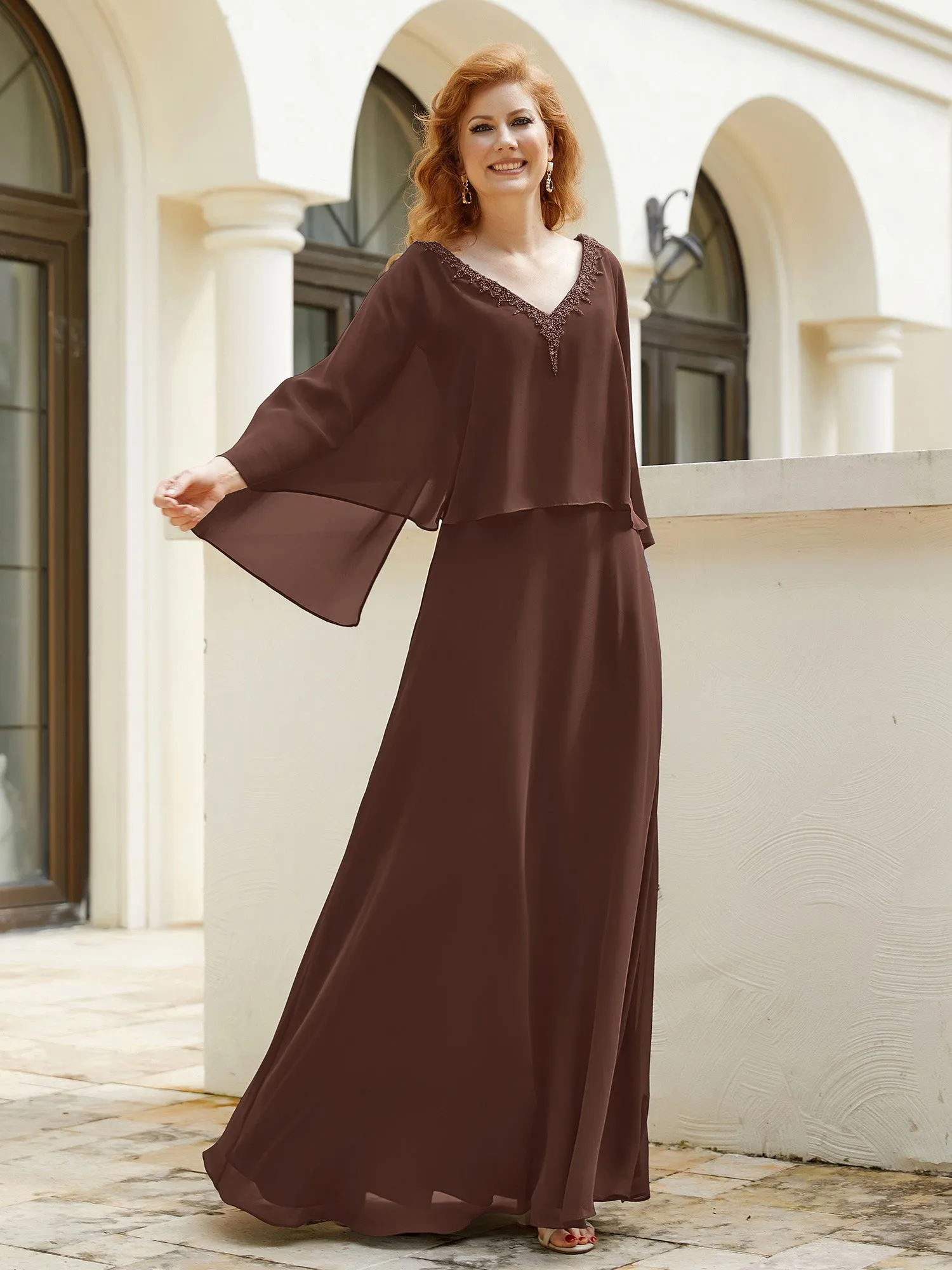 A-Line Flutter Cape Sleeves Dress with Beaded V-neck-Chocolate