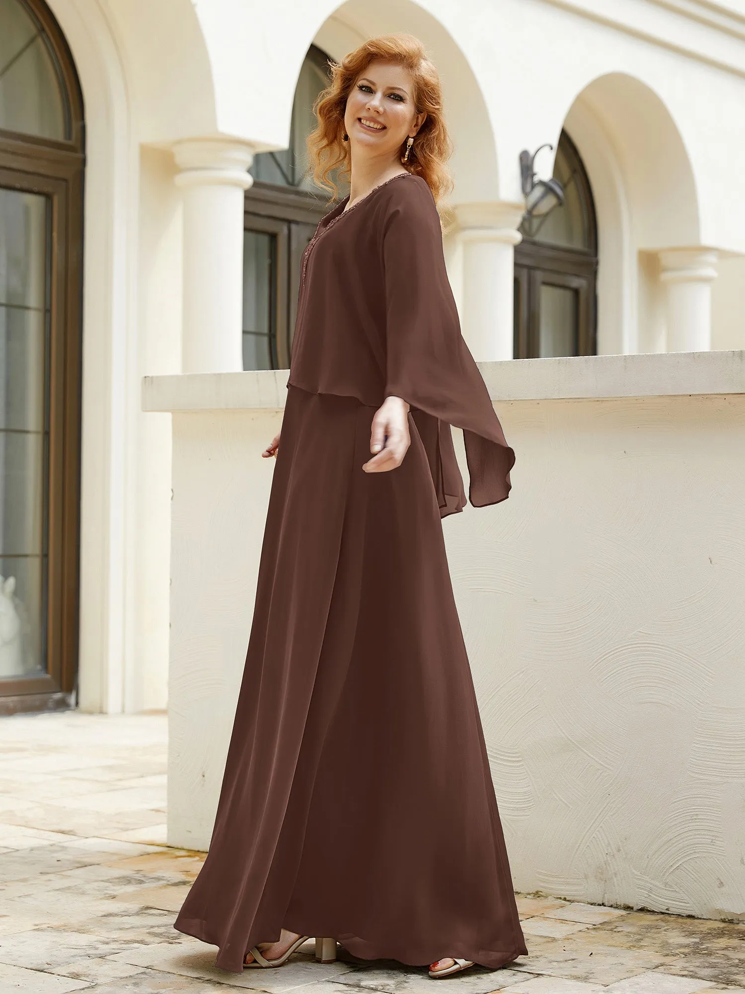 A-Line Flutter Cape Sleeves Dress with Beaded V-neck-Chocolate
