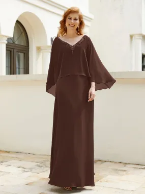 A-Line Flutter Cape Sleeves Dress with Beaded V-neck-Chocolate
