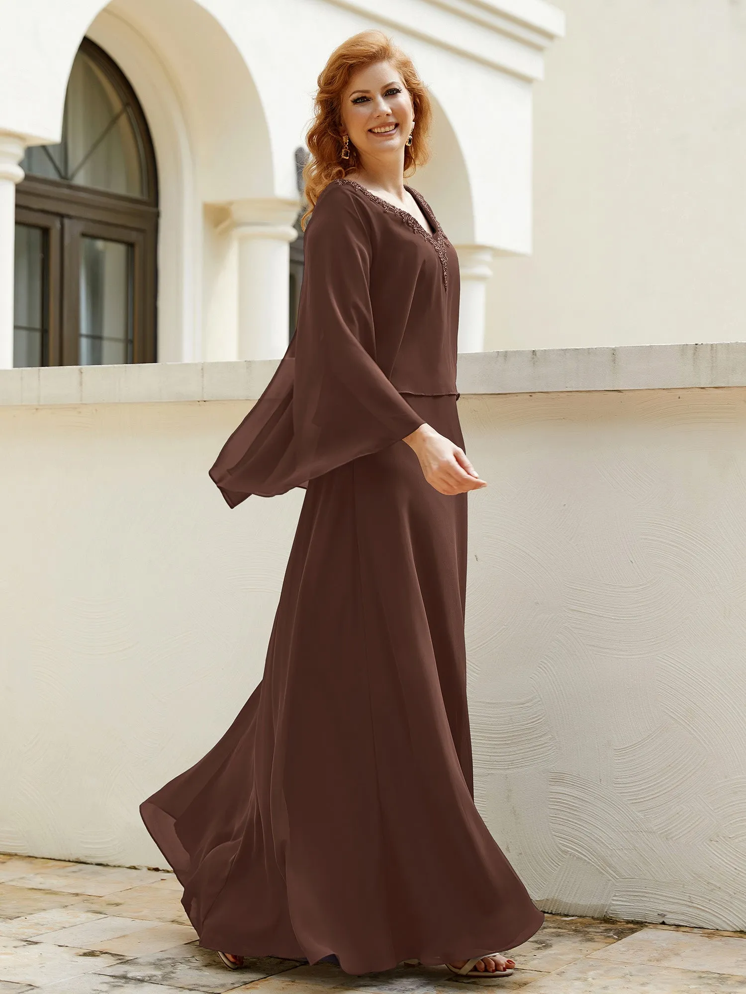 A-Line Flutter Cape Sleeves Dress with Beaded V-neck-Chocolate