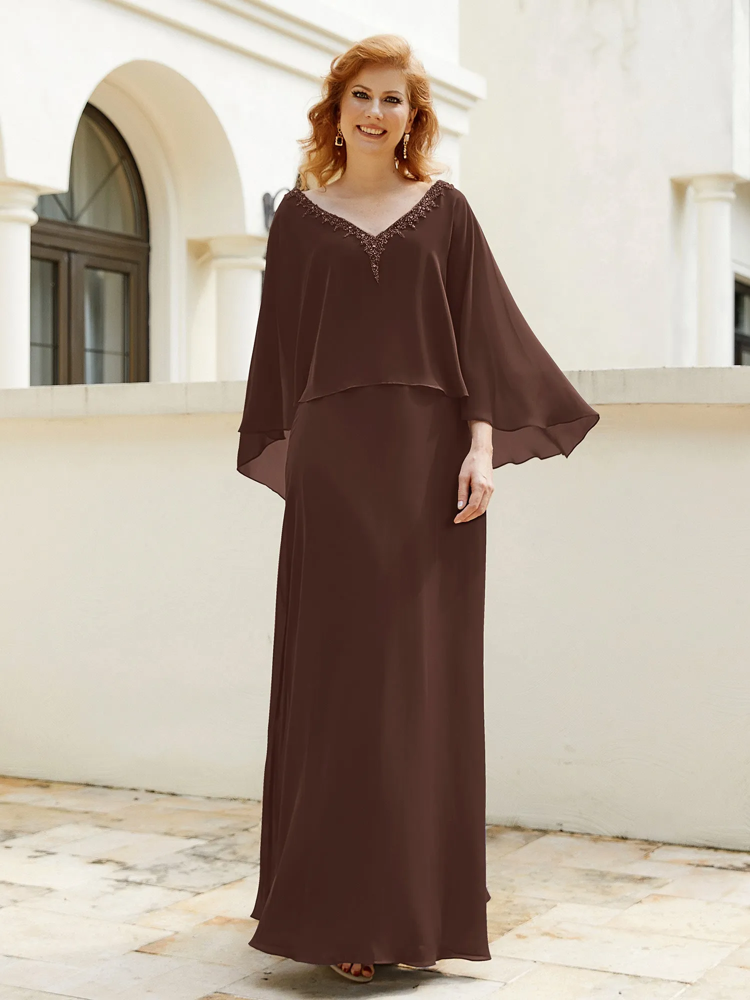 A-Line Flutter Cape Sleeves Dress with Beaded V-neck-Chocolate