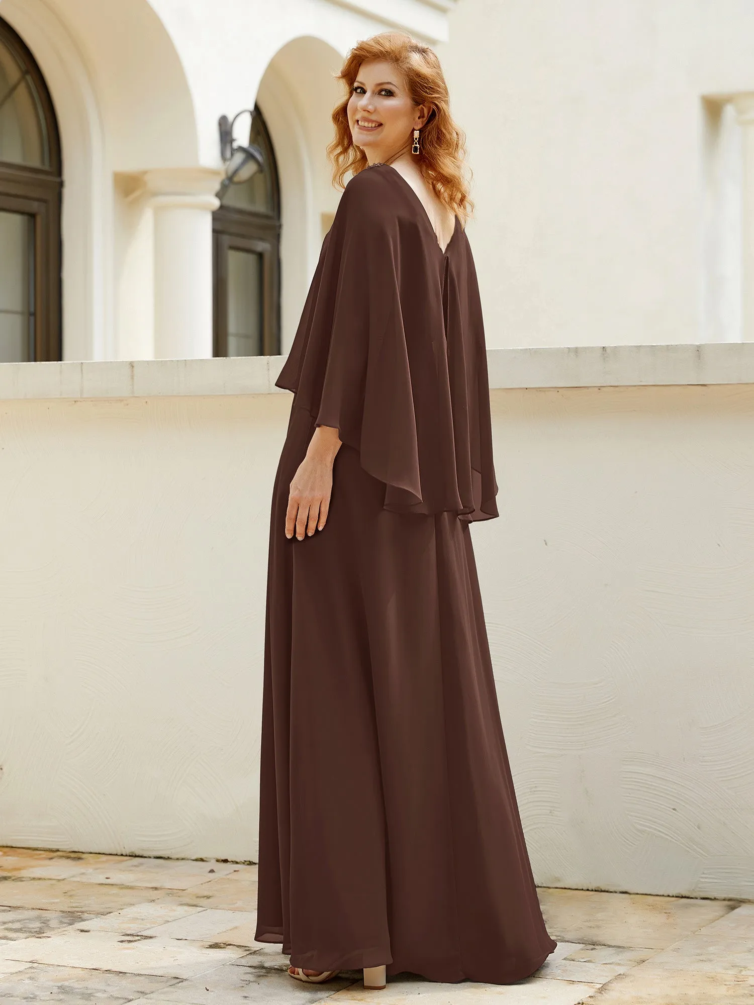 A-Line Flutter Cape Sleeves Dress with Beaded V-neck-Chocolate