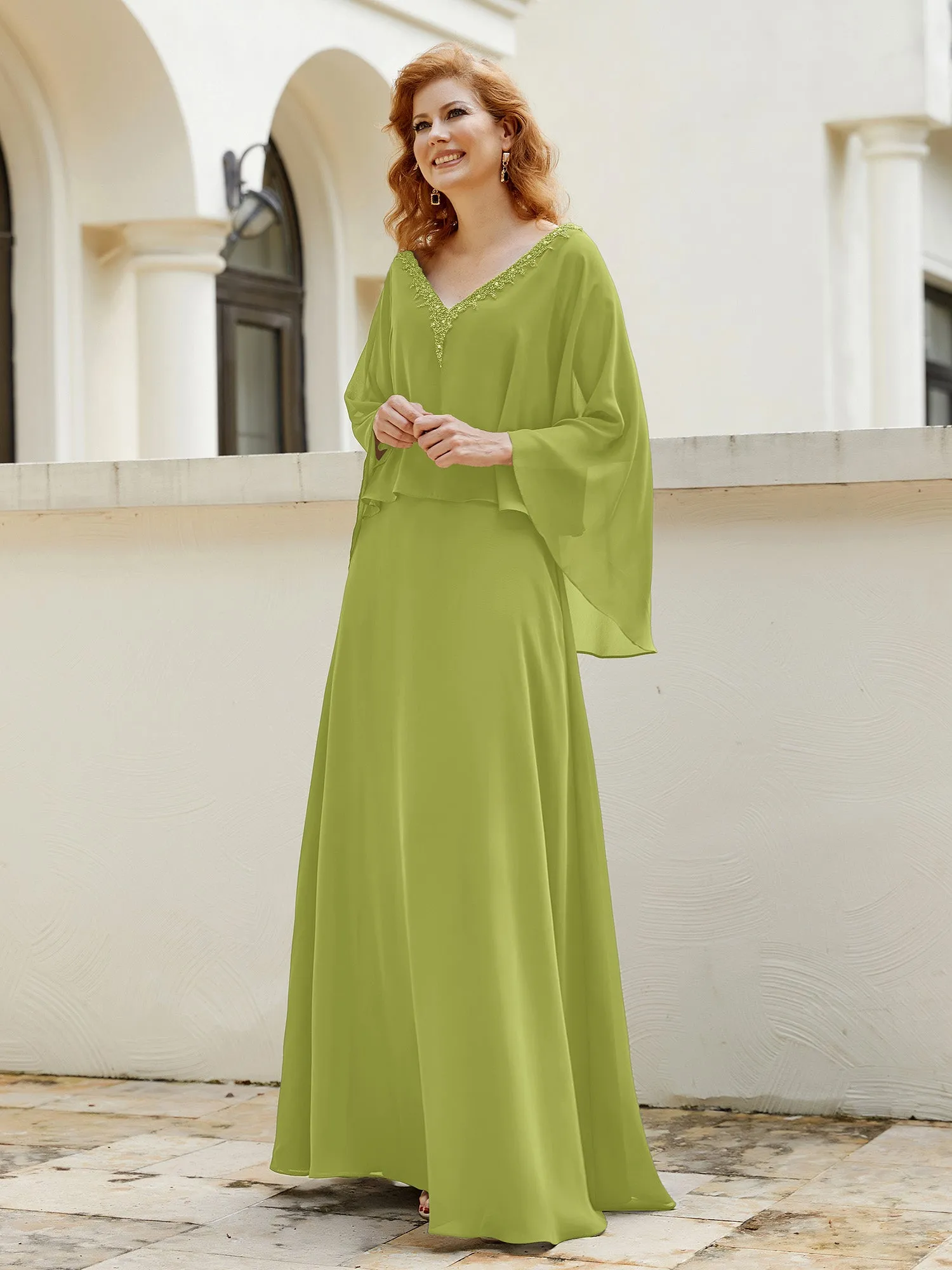 A-Line Flutter Cape Sleeves Dress with Beaded V-neck-Clover