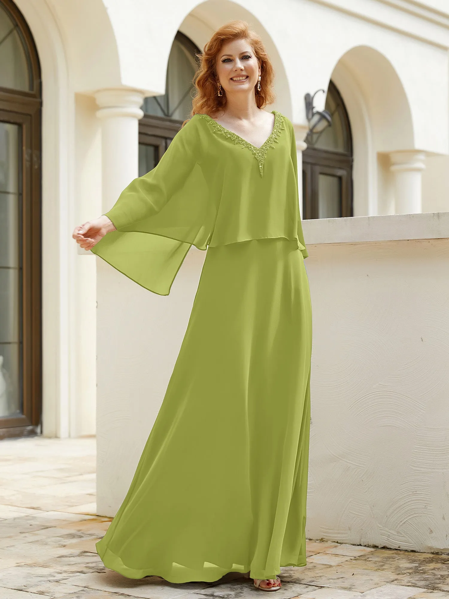 A-Line Flutter Cape Sleeves Dress with Beaded V-neck-Clover
