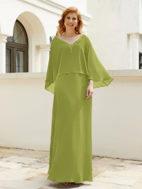 A-Line Flutter Cape Sleeves Dress with Beaded V-neck-Clover