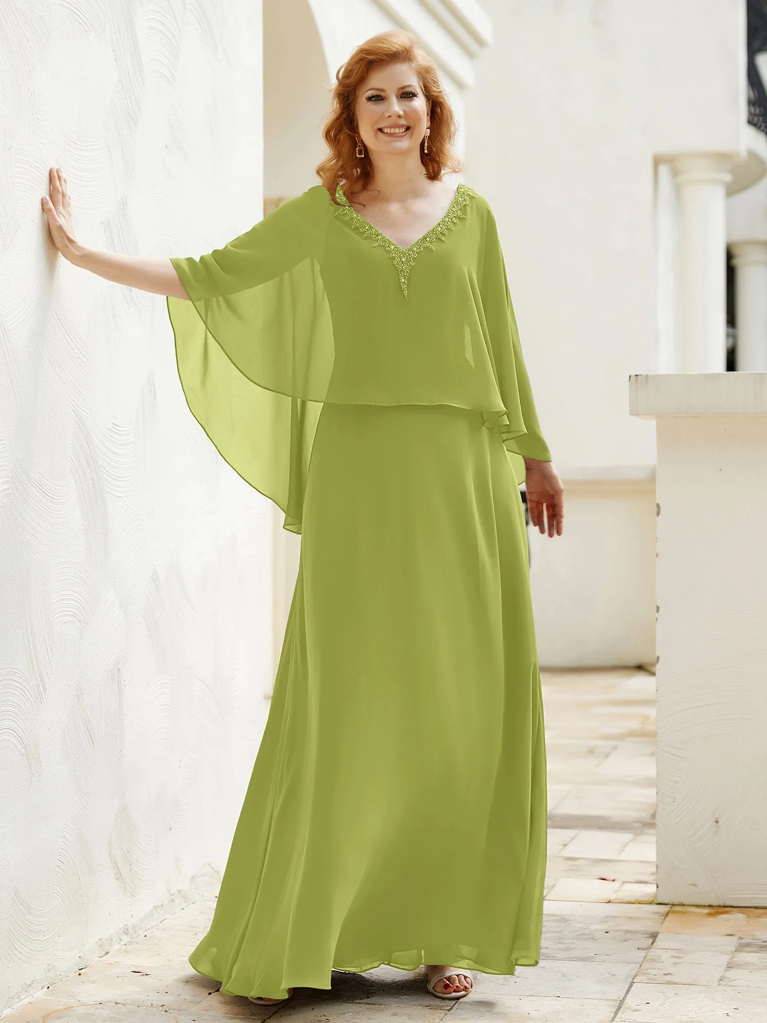 A-Line Flutter Cape Sleeves Dress with Beaded V-neck-Clover