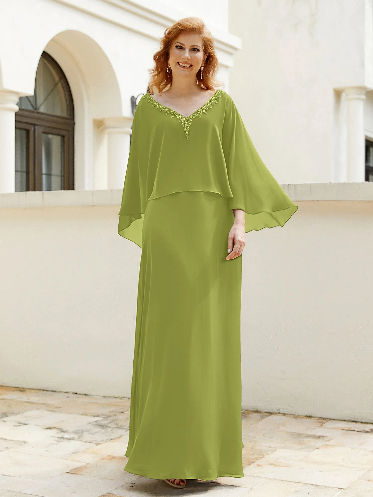 A-Line Flutter Cape Sleeves Dress with Beaded V-neck-Clover