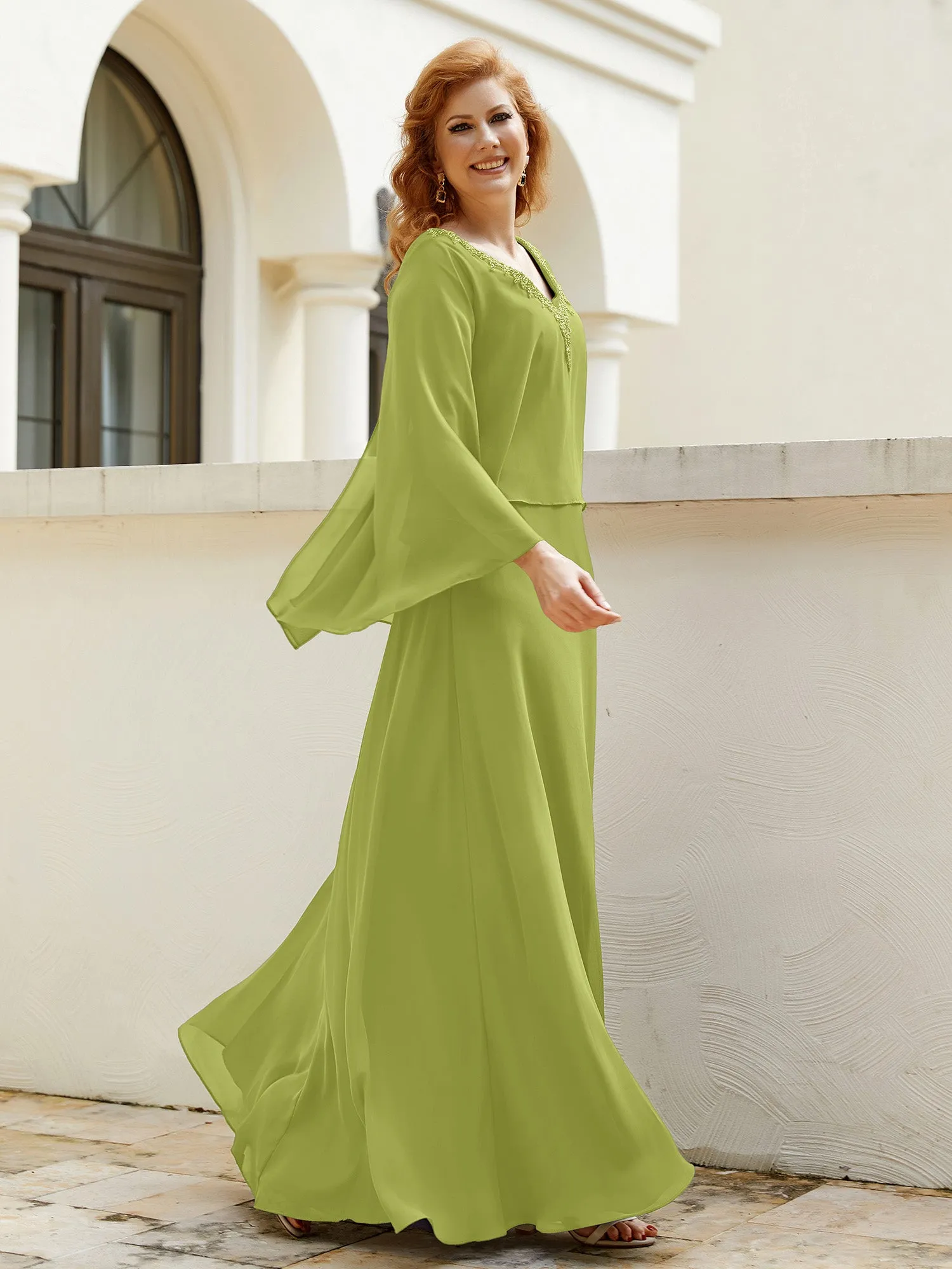 A-Line Flutter Cape Sleeves Dress with Beaded V-neck-Clover