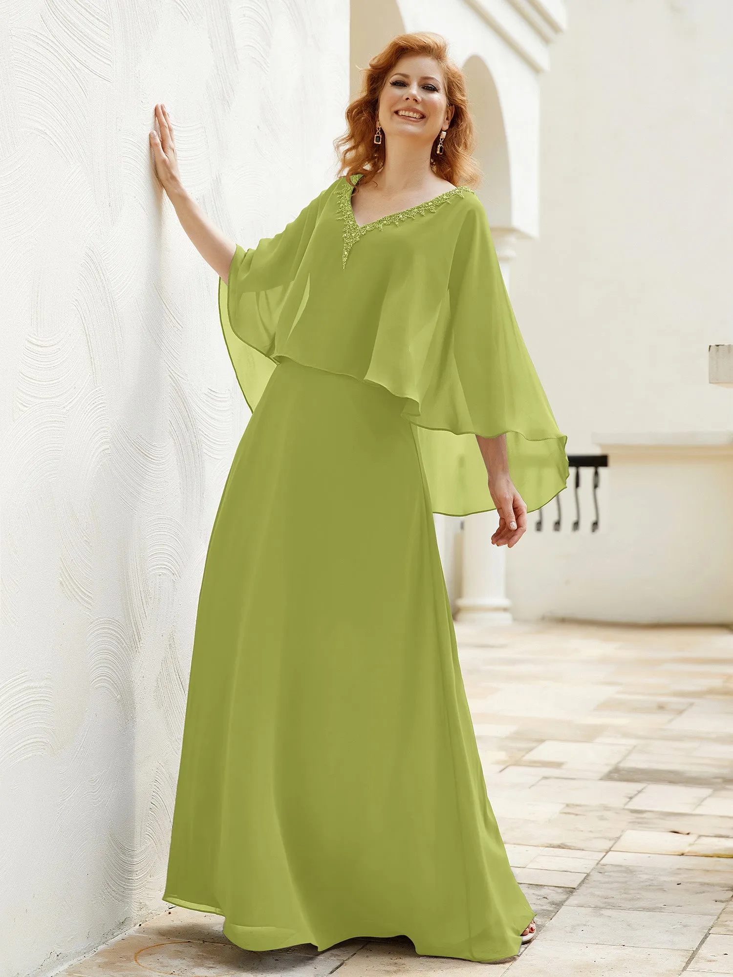 A-Line Flutter Cape Sleeves Dress with Beaded V-neck-Clover