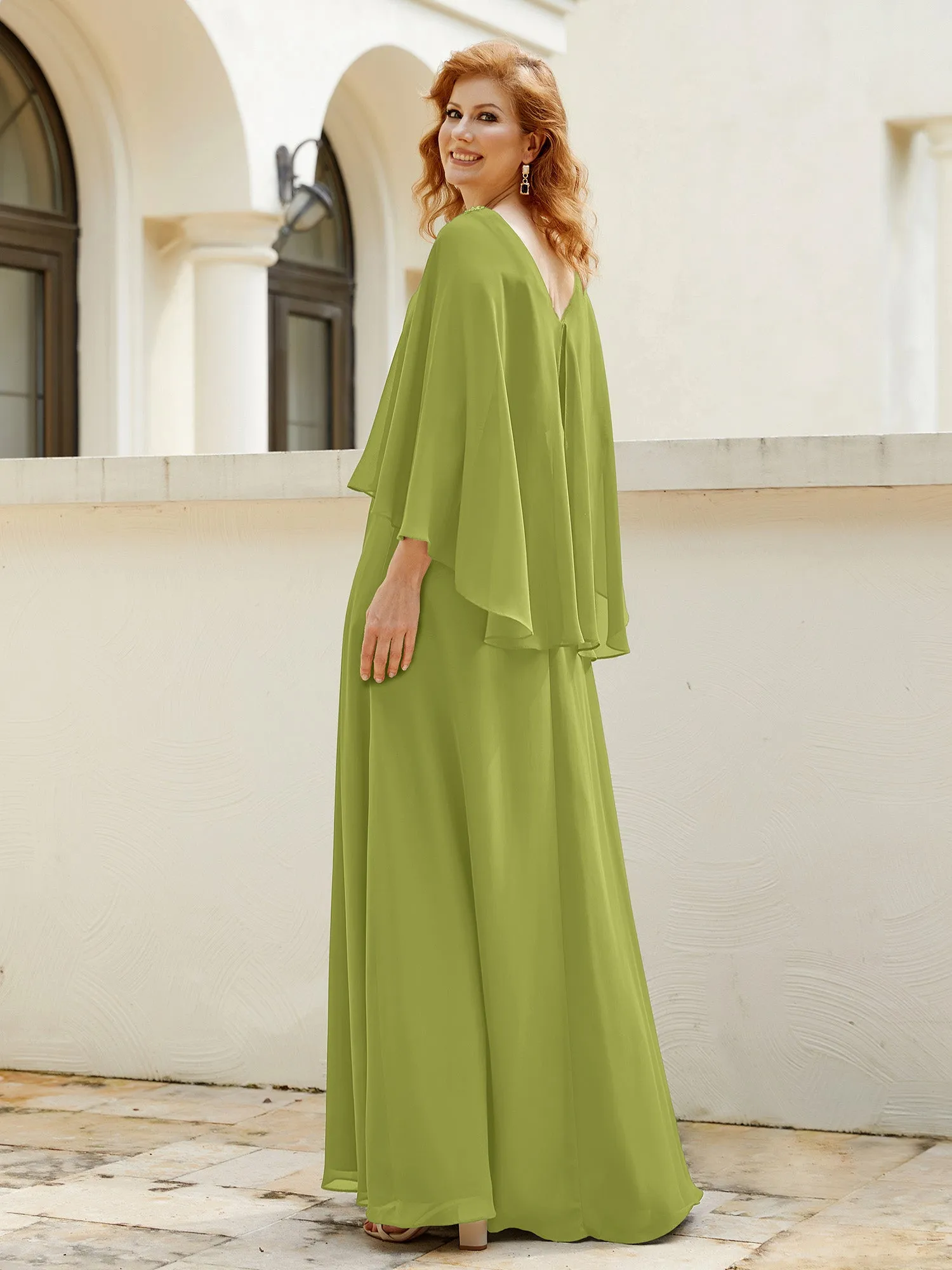 A-Line Flutter Cape Sleeves Dress with Beaded V-neck-Clover
