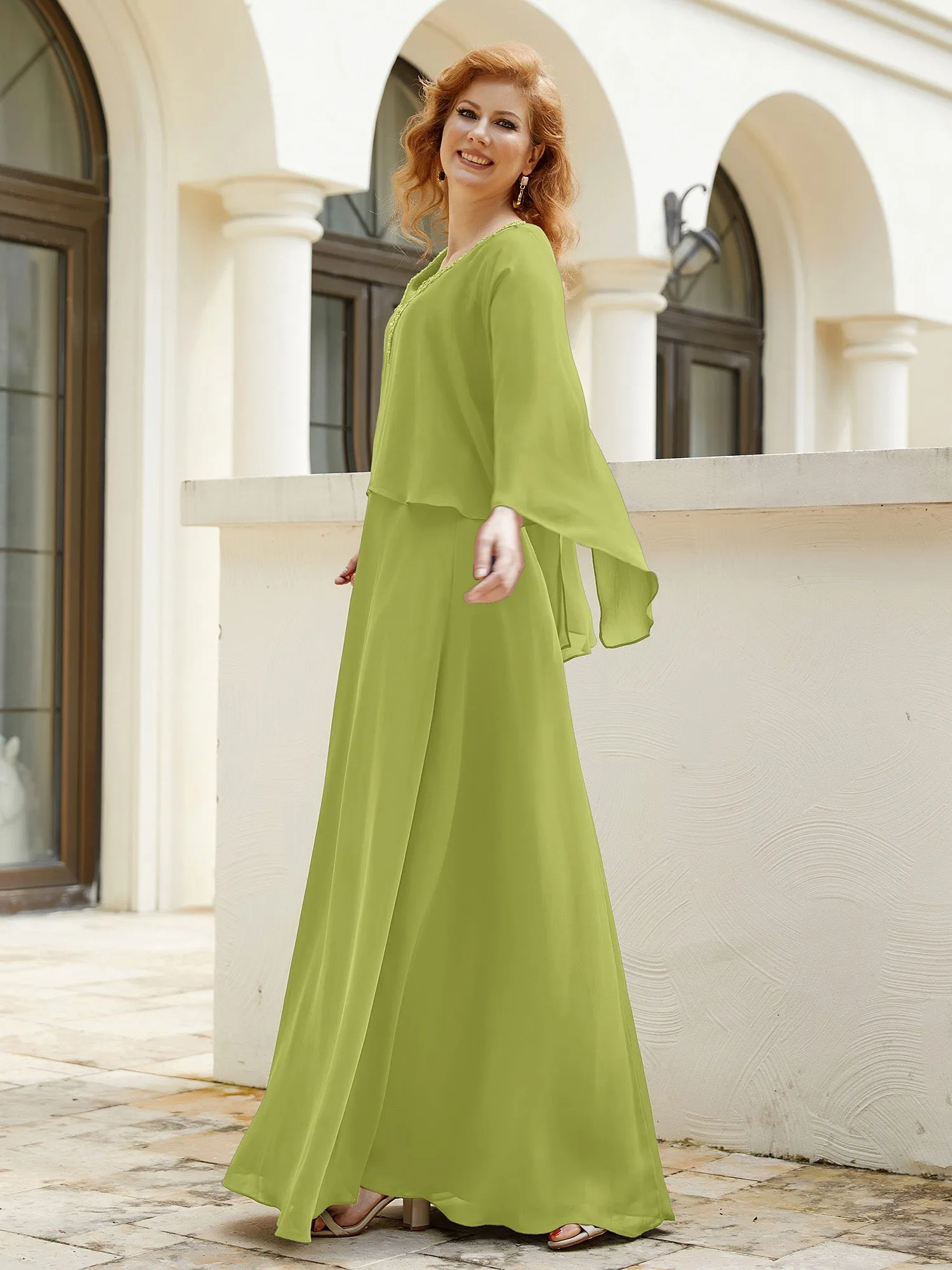 A-Line Flutter Cape Sleeves Dress with Beaded V-neck-Clover