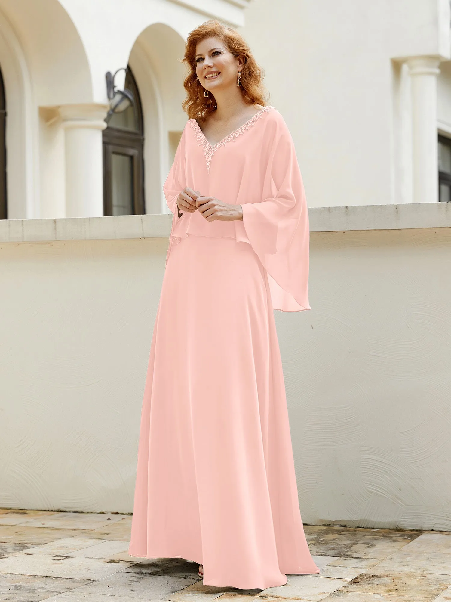 A-Line Flutter Cape Sleeves Dress with Beaded V-neck-Coral