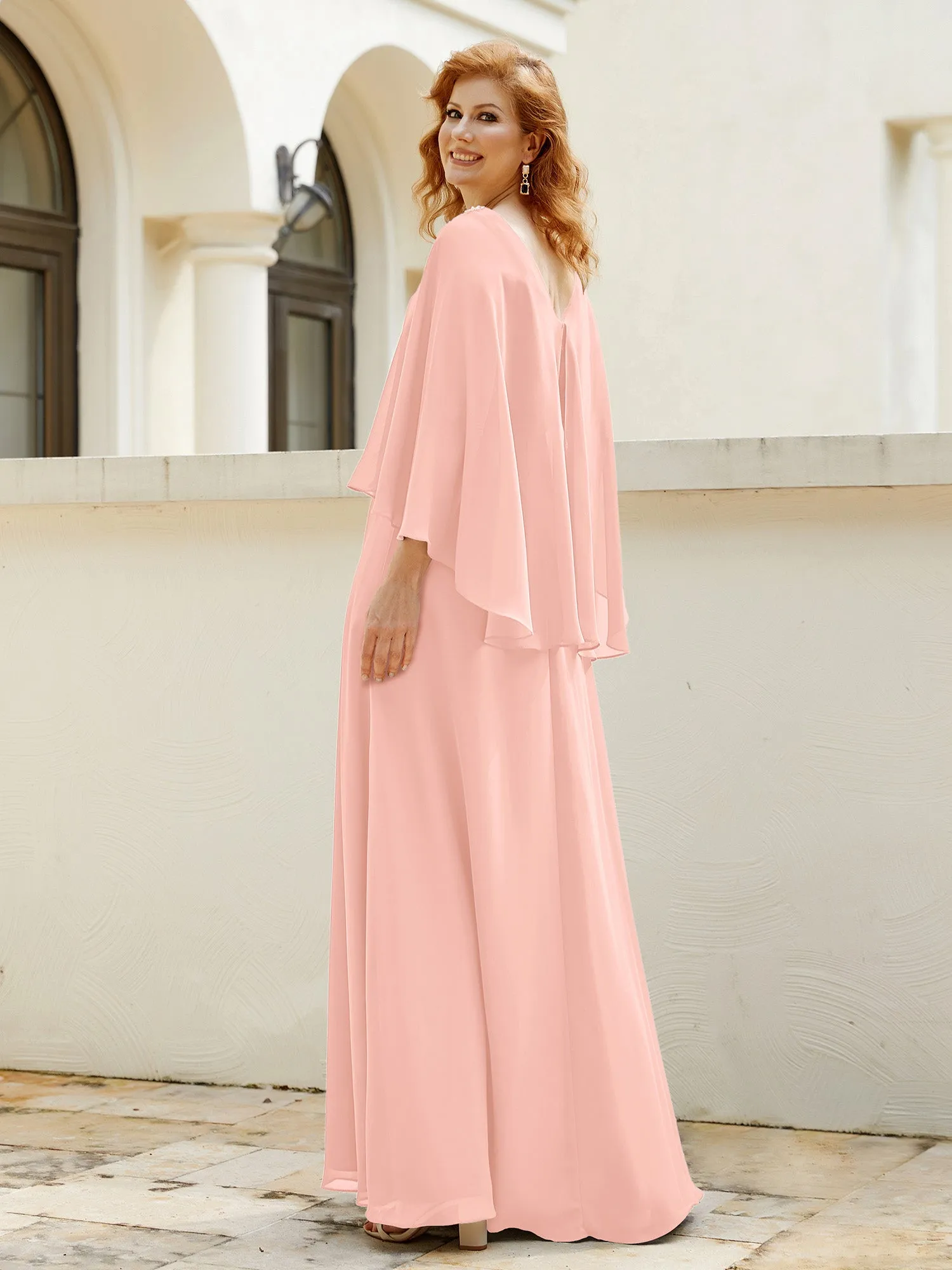 A-Line Flutter Cape Sleeves Dress with Beaded V-neck-Coral